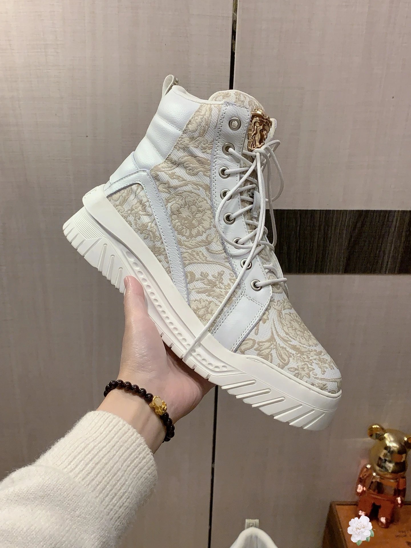 High Top Leather Jacquard Sneakers Ivory - Versace - Cnfans - $65.16