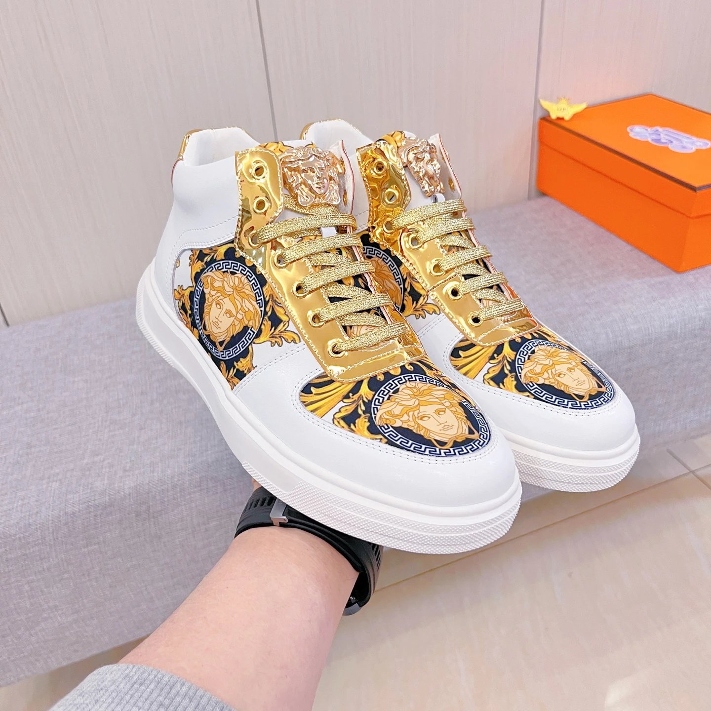 Baroque Leather High Top Sneakers Gold White - Gallery Image 4 - Detailed View