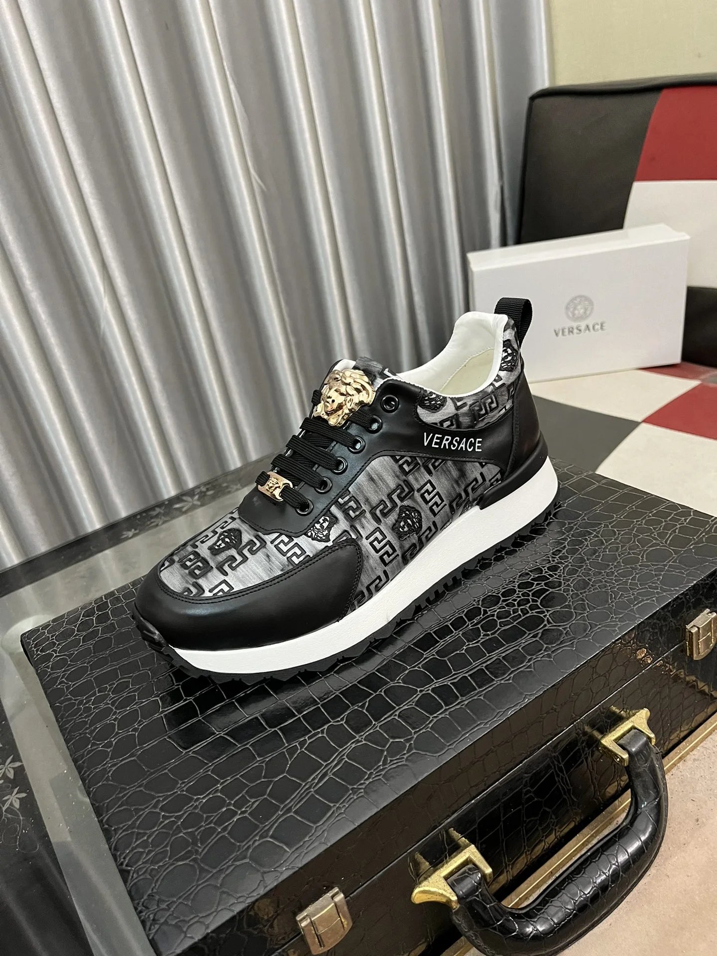 Luxury Leather Sneakers Greek Key Black - Gallery Image 1 - Detailed View