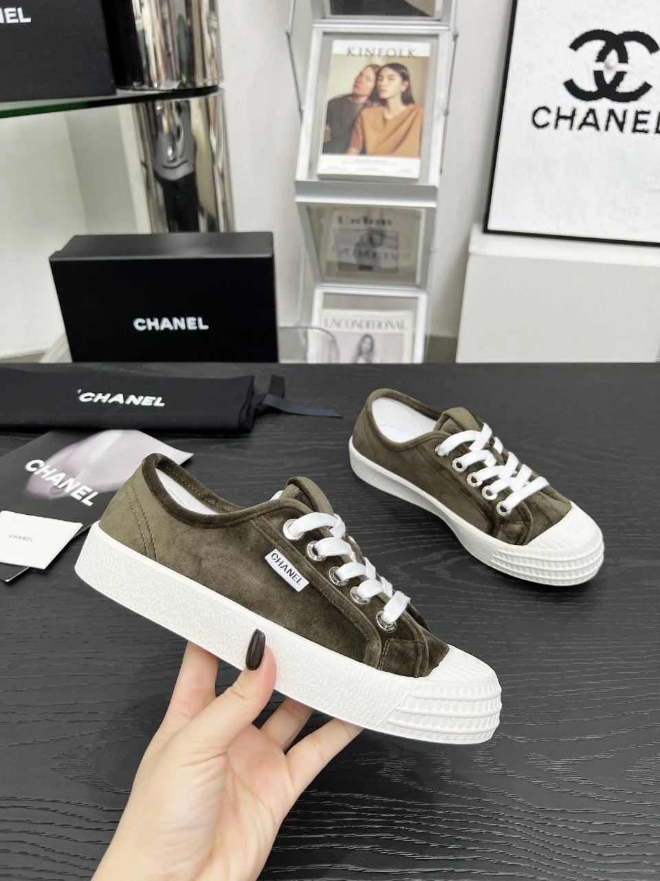 Chanel Vintage Olive Velvet Sneakers - Gallery Image 6 - Detailed View