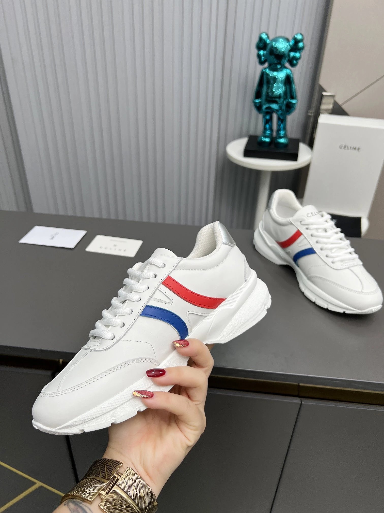 Retro Chunky Dad Sneakers Leather Unisex Scarlet Blue - Gallery Image 6 - Detailed View