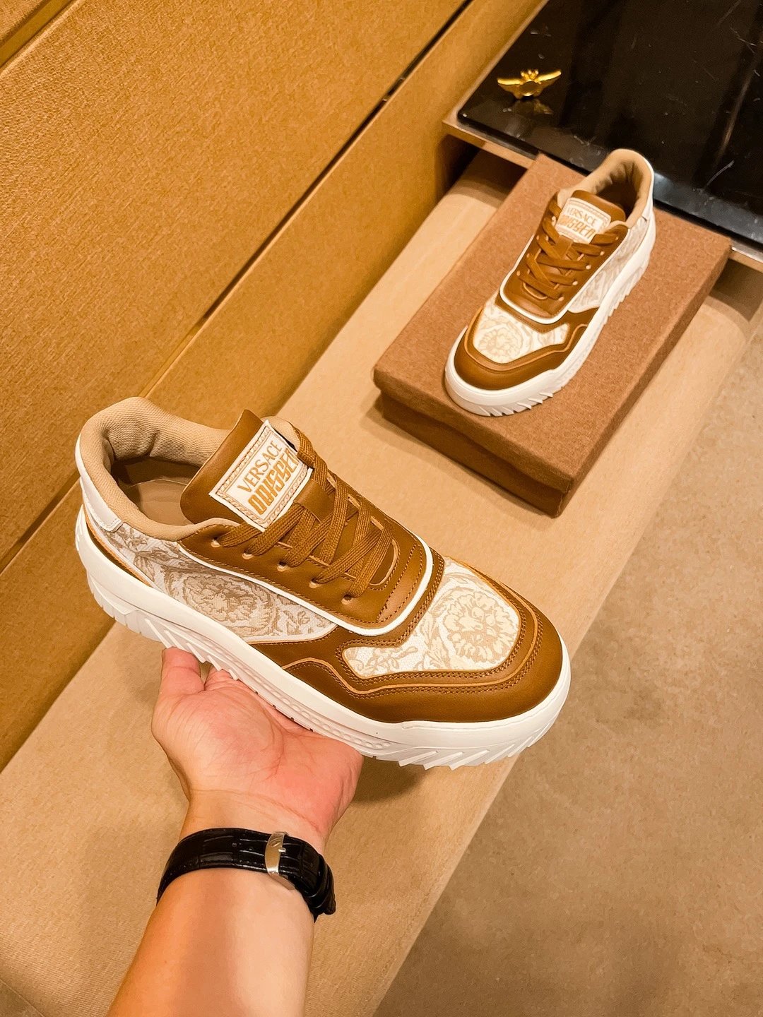 Luxury Leather Sneakers Baroque Camel - Gallery Image 4 - Detailed View