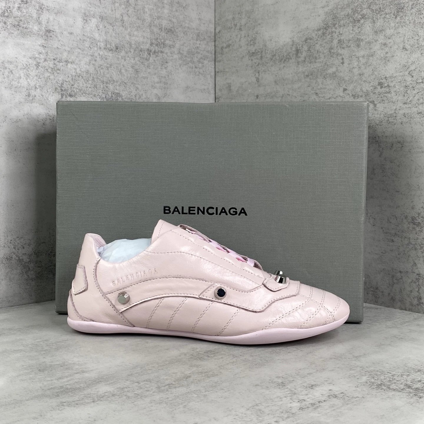 Punk Leather Lace Up Flat Shoes with Metal Studs Blush Pink - Gallery Image 1 - Detailed View