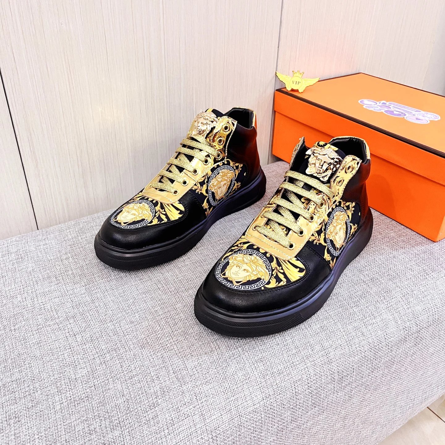 Baroque Leather High Top Sneakers Gold Black - Gallery Image 2 - Detailed View