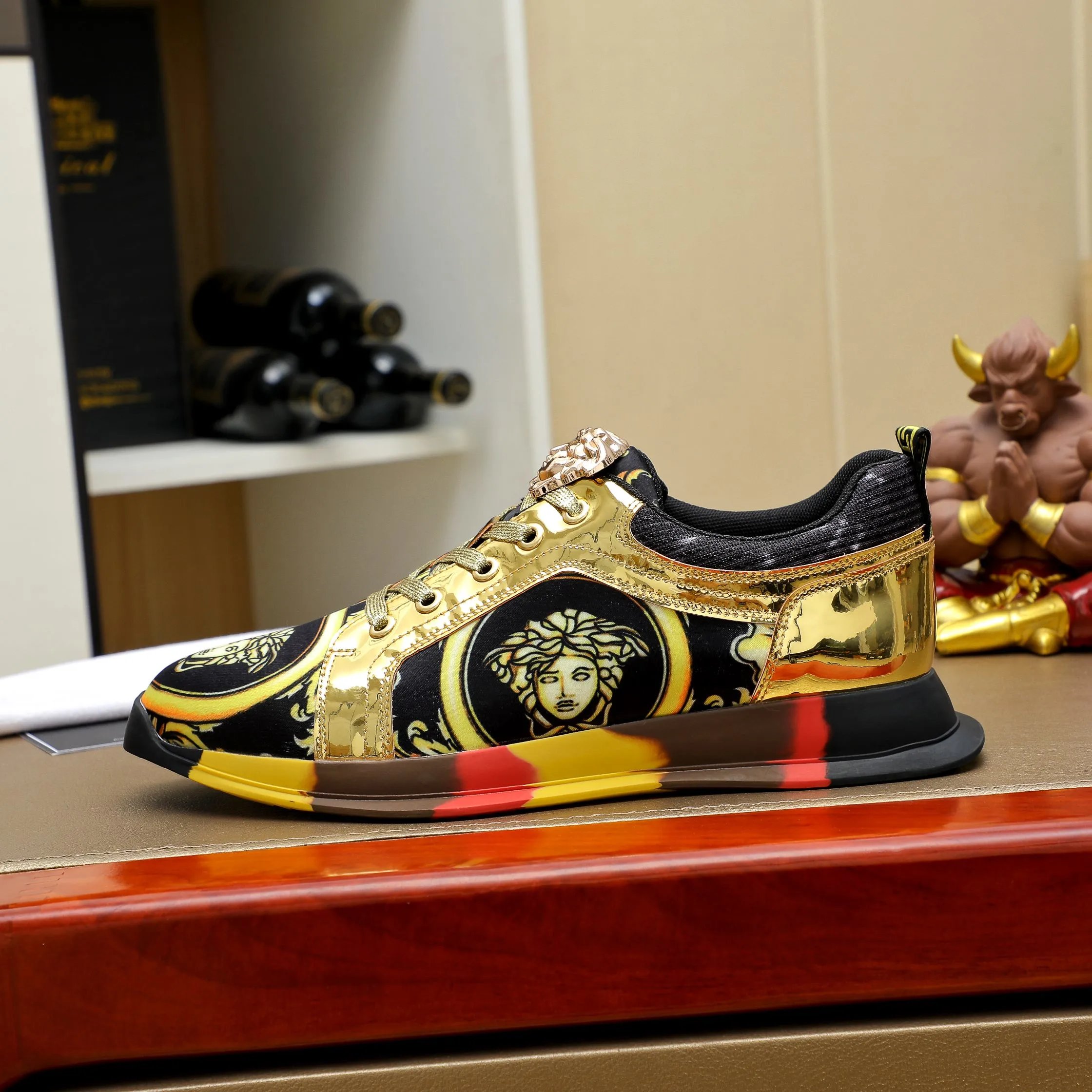 Luxury Mixed Material Sneakers Gold Black - Versace - Cnfans - $52.26