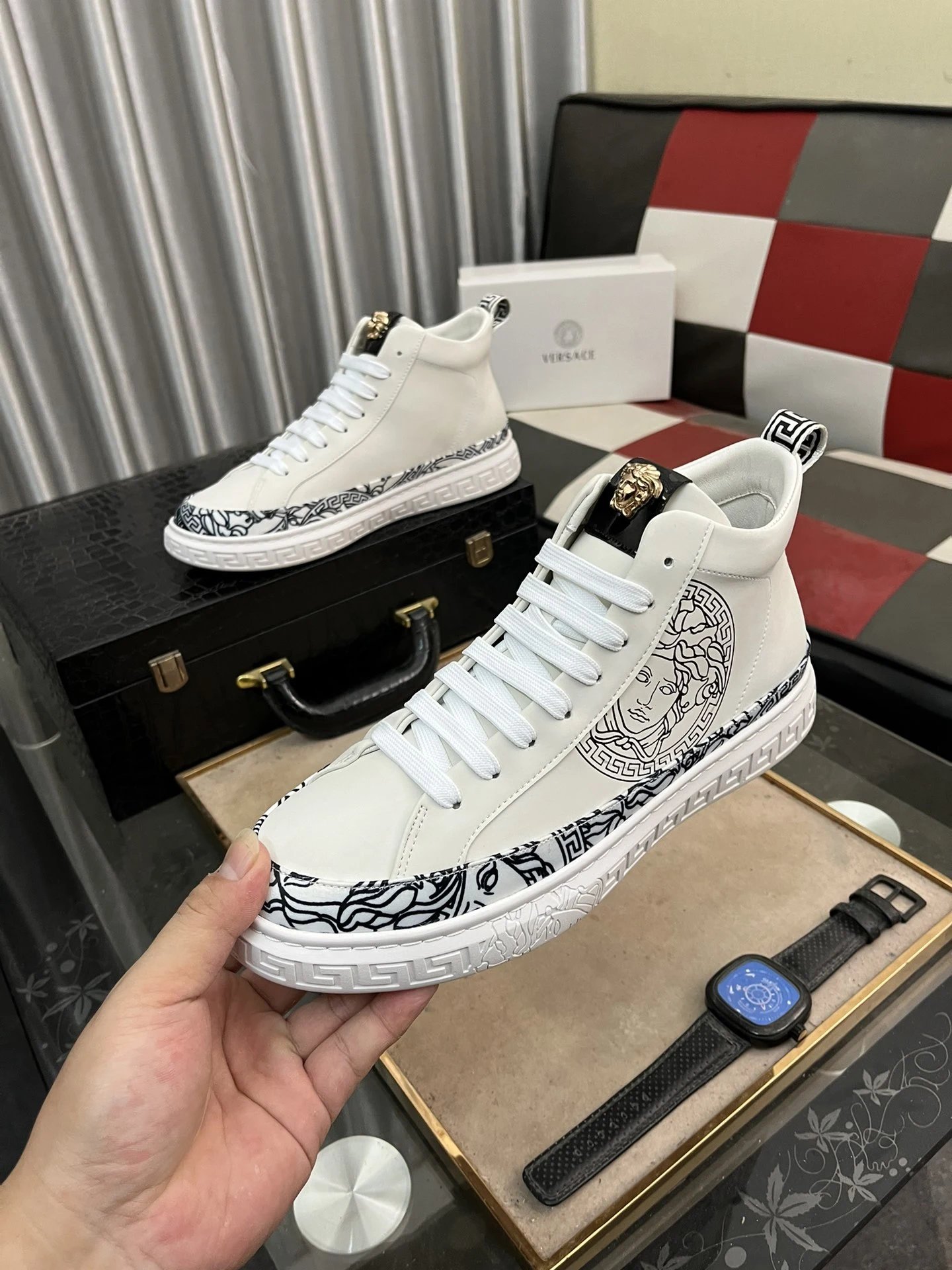 Men's High Top Leather Sneakers White - Gallery Image 5 - Detailed View