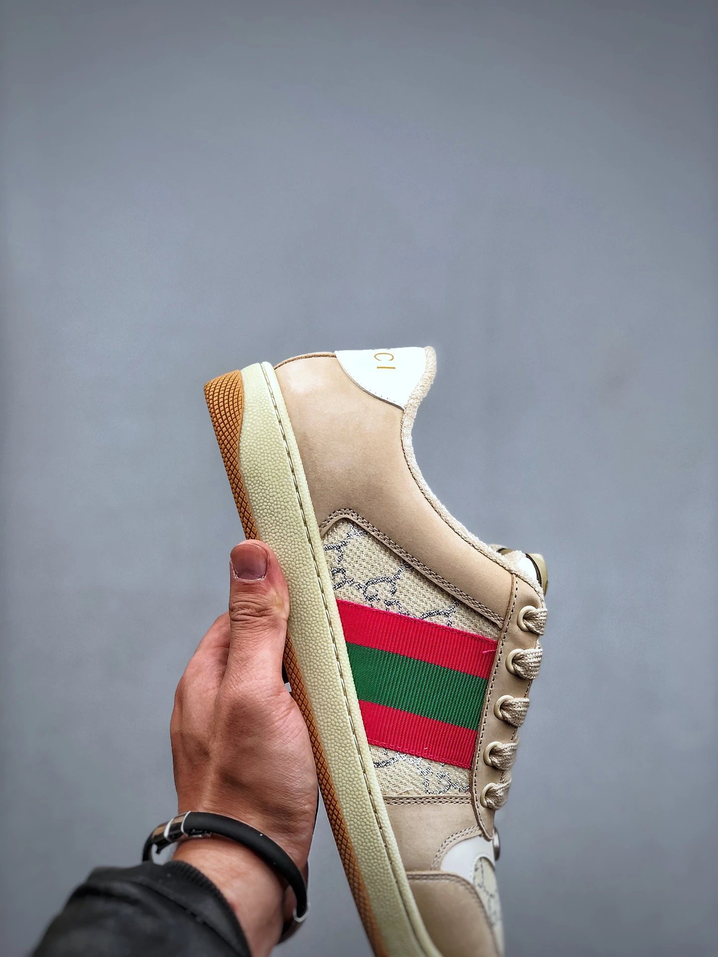 Gucci Distressed Screener Beige Sneakers Red Green - Gallery Image 6 - Detailed View