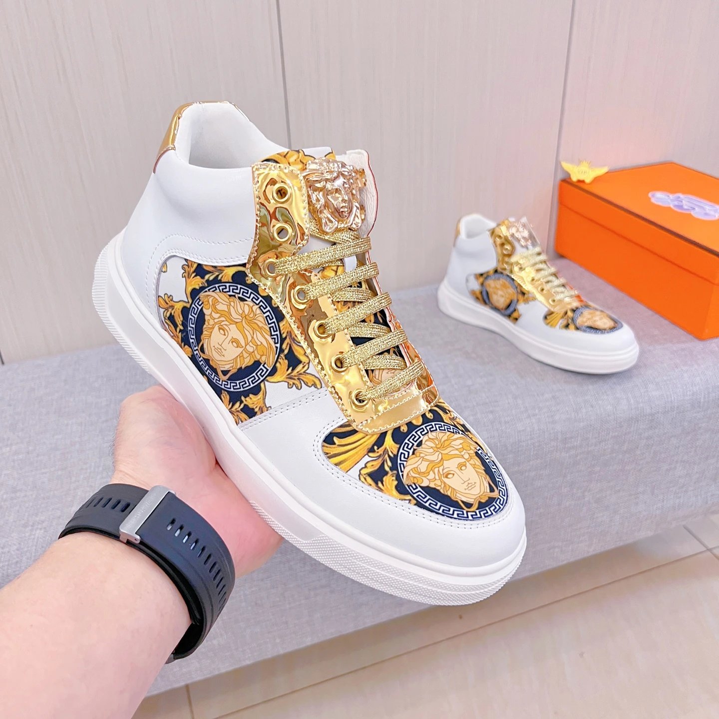 Baroque Leather High Top Sneakers Gold White - Gallery Image 3 - Detailed View