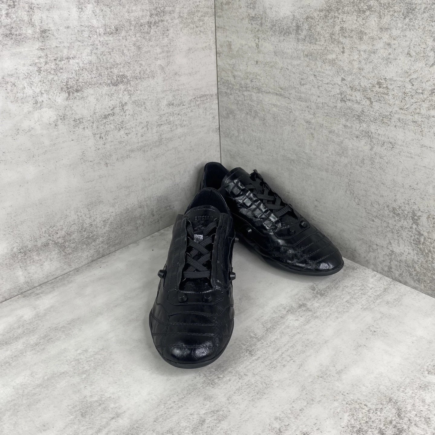 Punk Style Leather Lace-Up Shoes with Metal Studs Jet Black - Gallery Image 2 - Detailed View