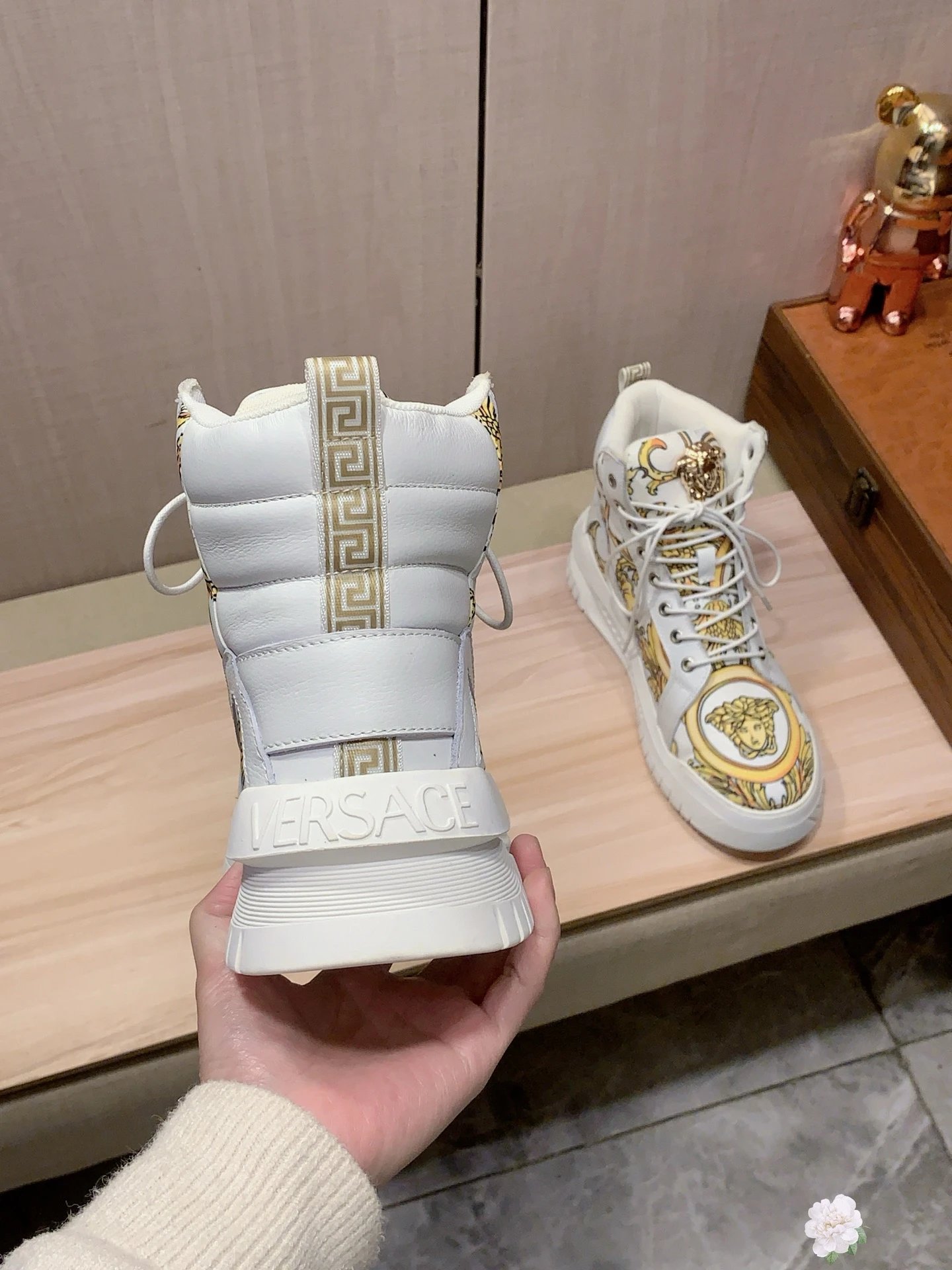 Baroque Leather High Top Sneakers White Gold - Gallery Image 6 - Detailed View