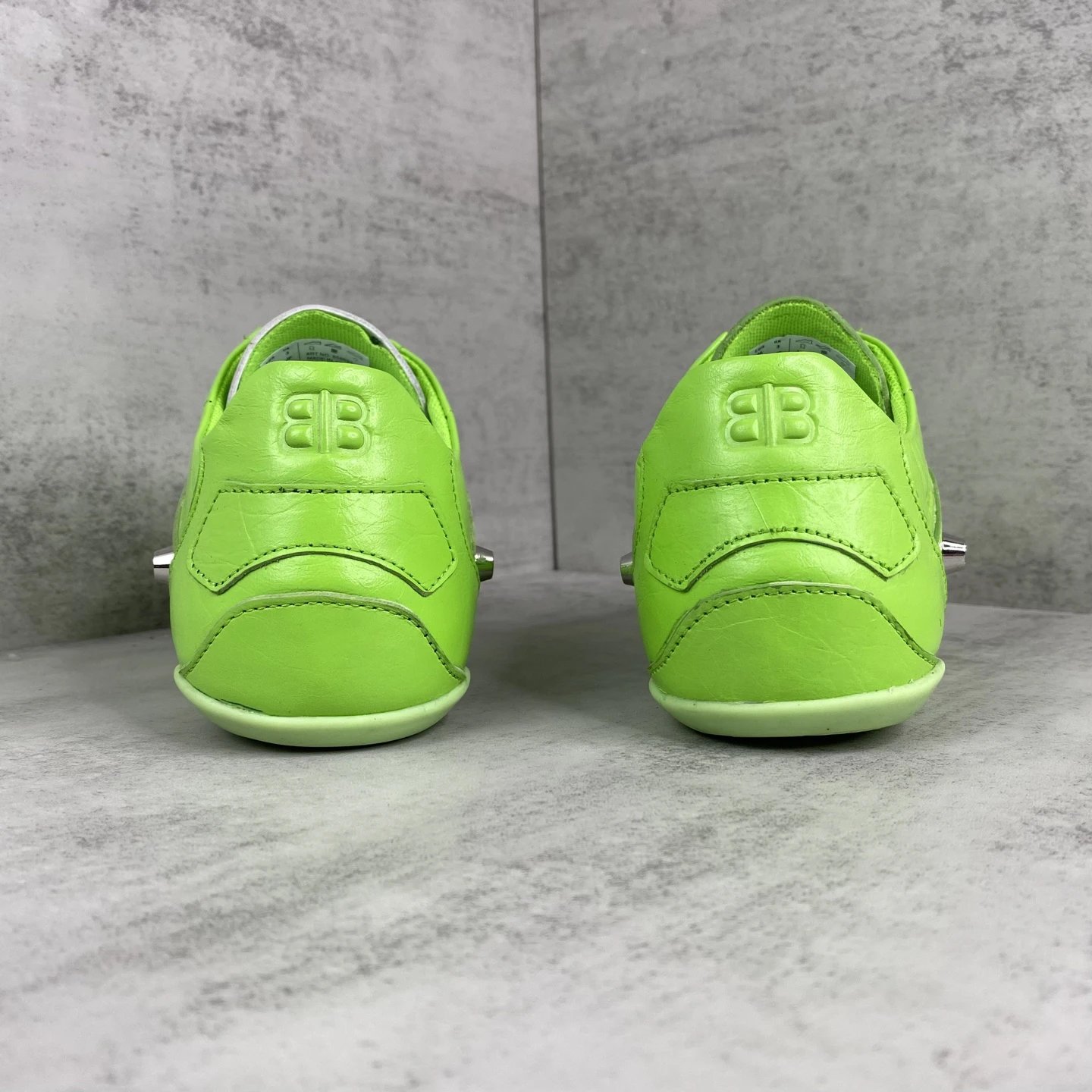 Punk Leather Lace-Up Sneakers with Metal Studs Neon Lime - Gallery Image 5 - Detailed View