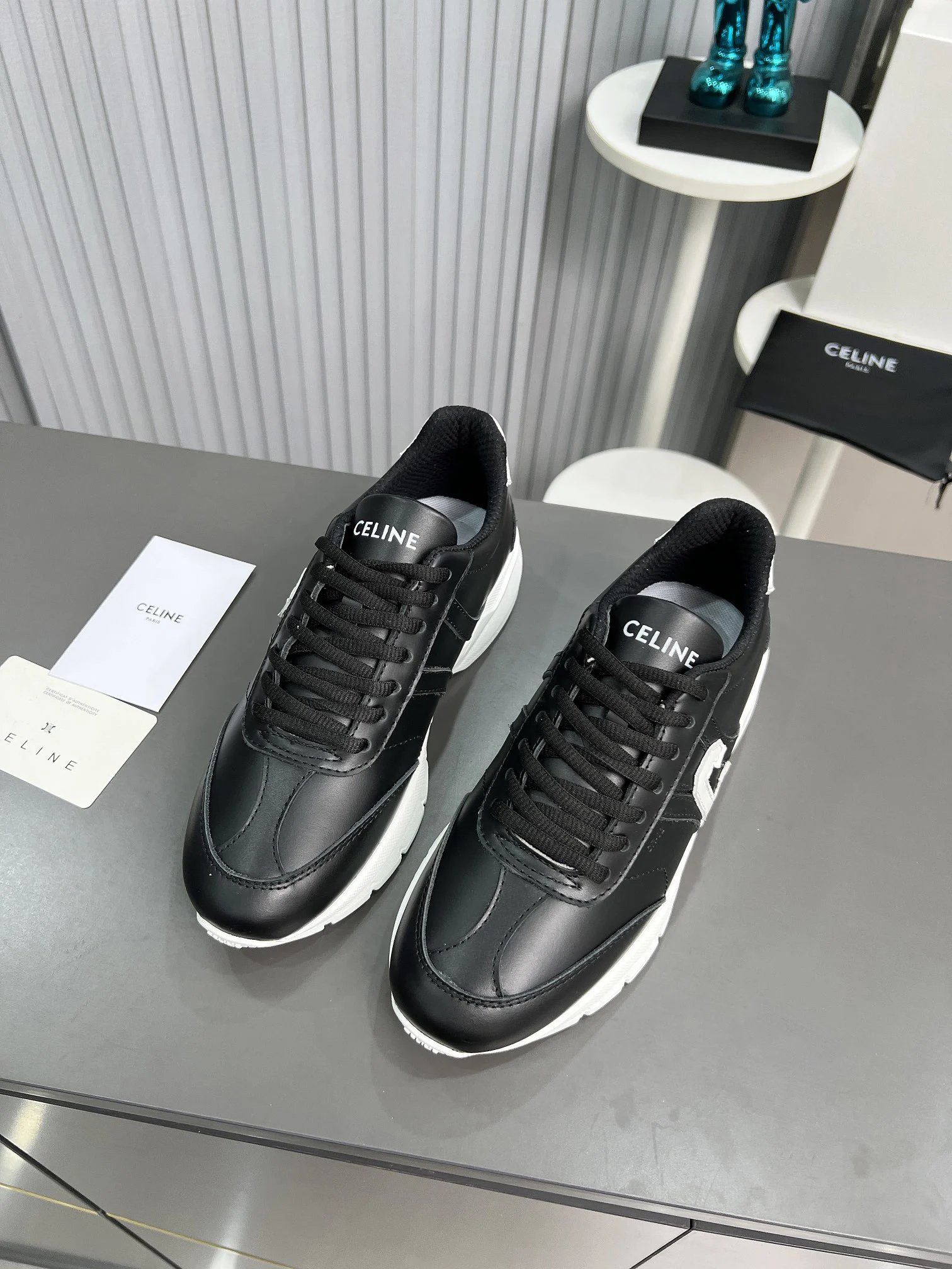 Chunky Dad Sneakers Leather Knit Unisex Spring Black White - Gallery Image 2 - Detailed View