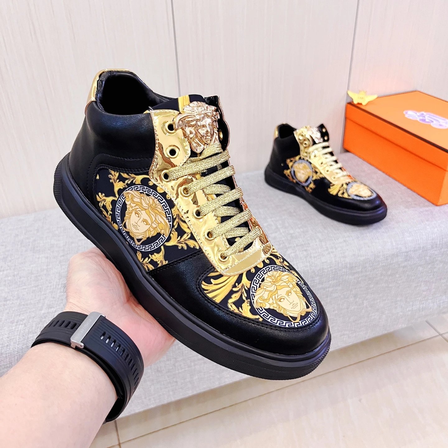 Baroque Leather High Top Sneakers Gold Black - Gallery Image 3 - Detailed View