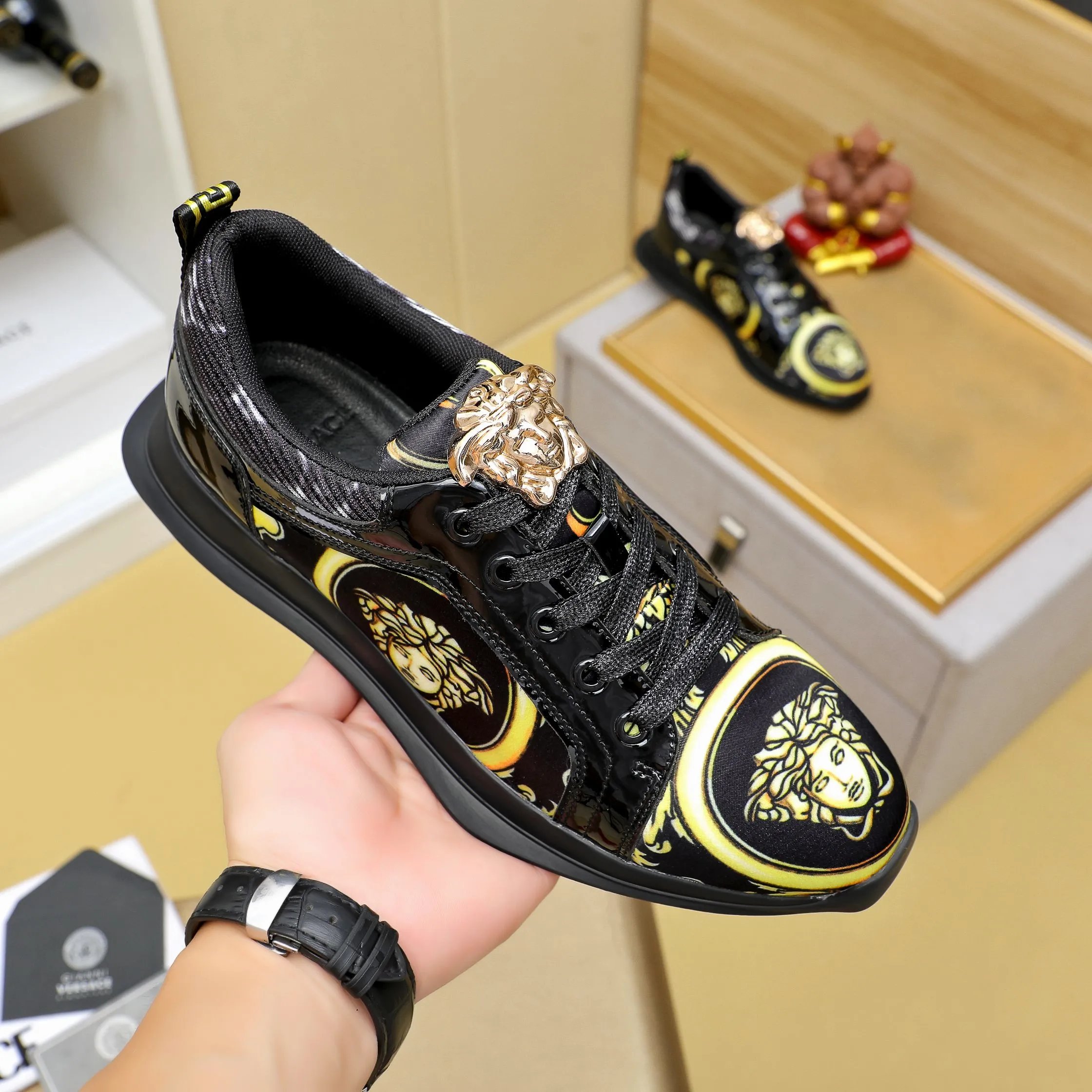 Luxury Leather Low Top Sneakers Baroque Black Gold - Gallery Image 4 - Detailed View