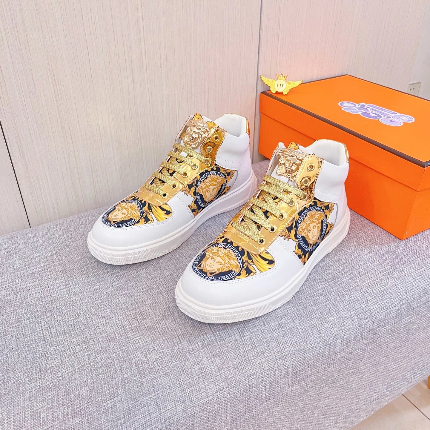 Baroque Leather High Top Sneakers Gold White - Gallery Image 2 - Detailed View