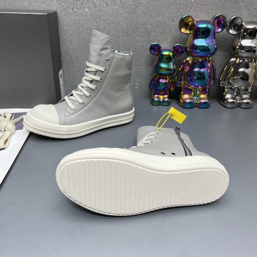 Rick Owens Leather High-Top Sneakers Grey - Gallery Image 9 - Detailed View