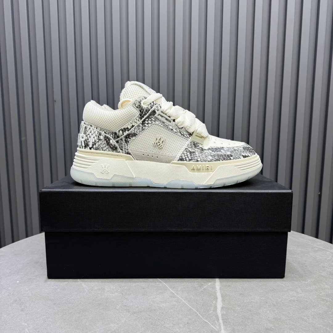 Luxury Low Top Snake Print Leather Sneakers Ivory - Gallery Image 1 - Detailed View