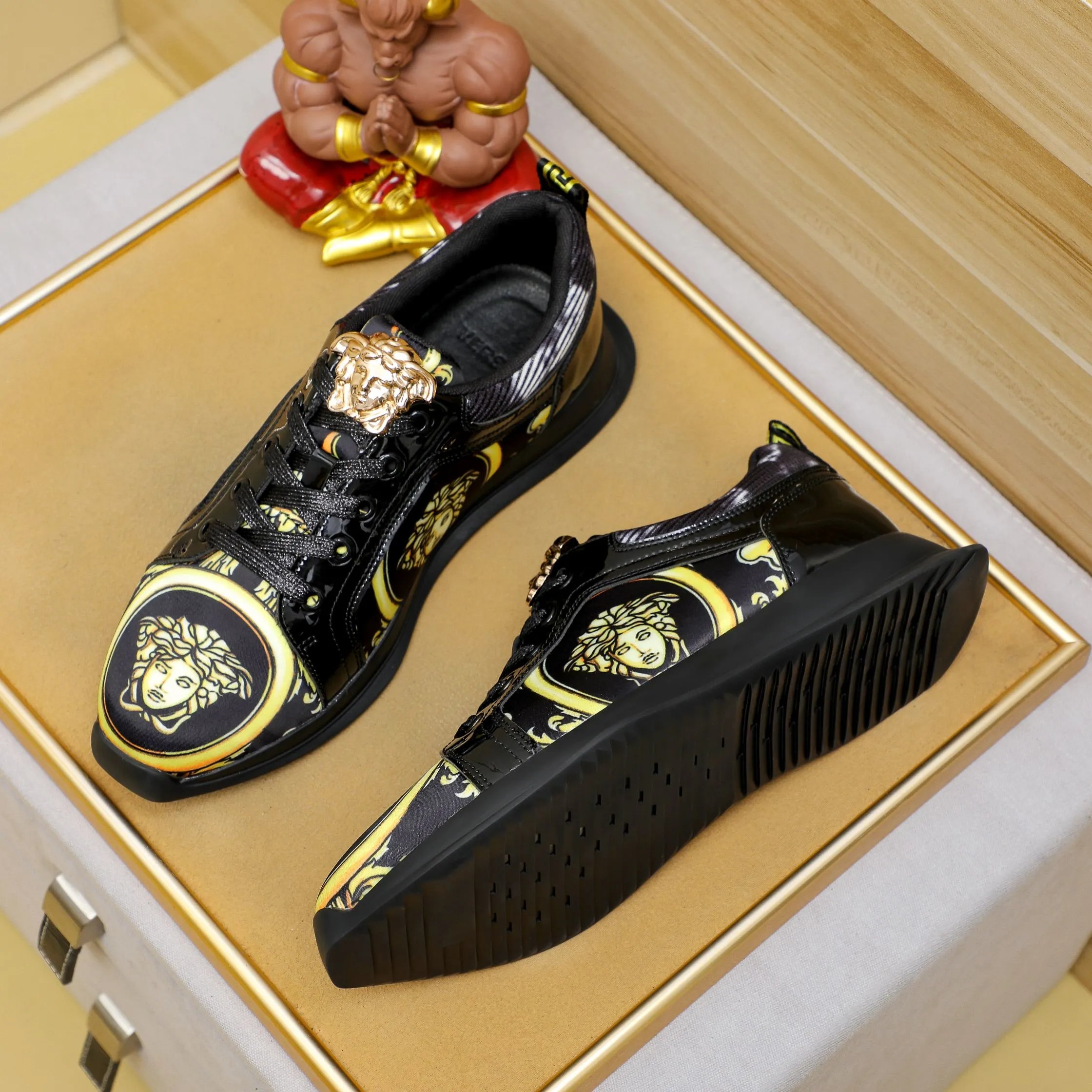 Luxury Leather Low Top Sneakers Baroque Black Gold - Gallery Image 5 - Detailed View