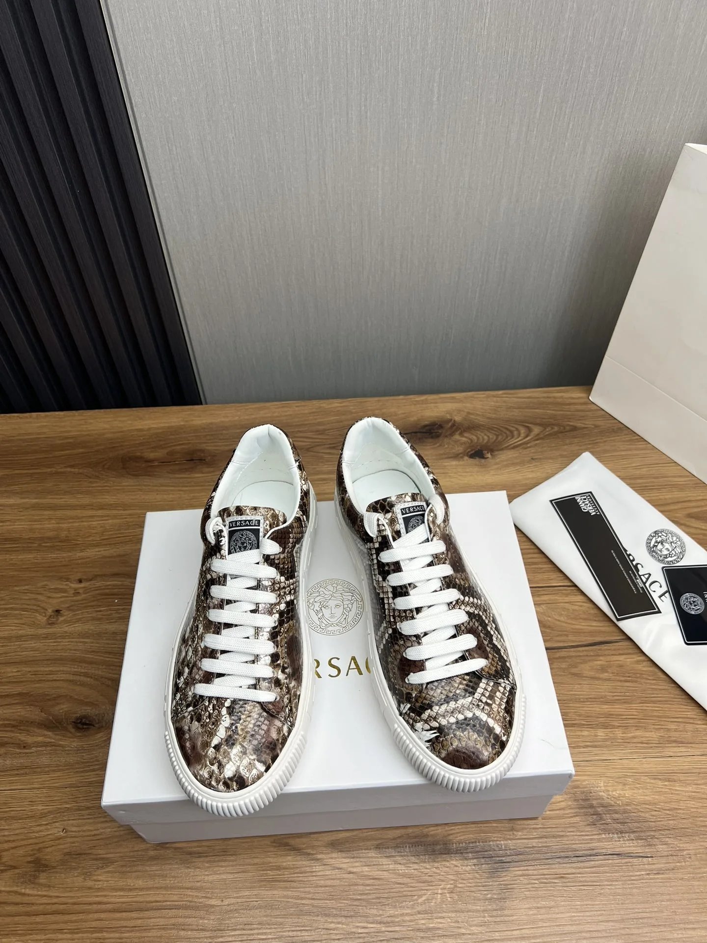 Luxury Snake Print Leather Sneakers Ivory - Gallery Image 2 - Detailed View