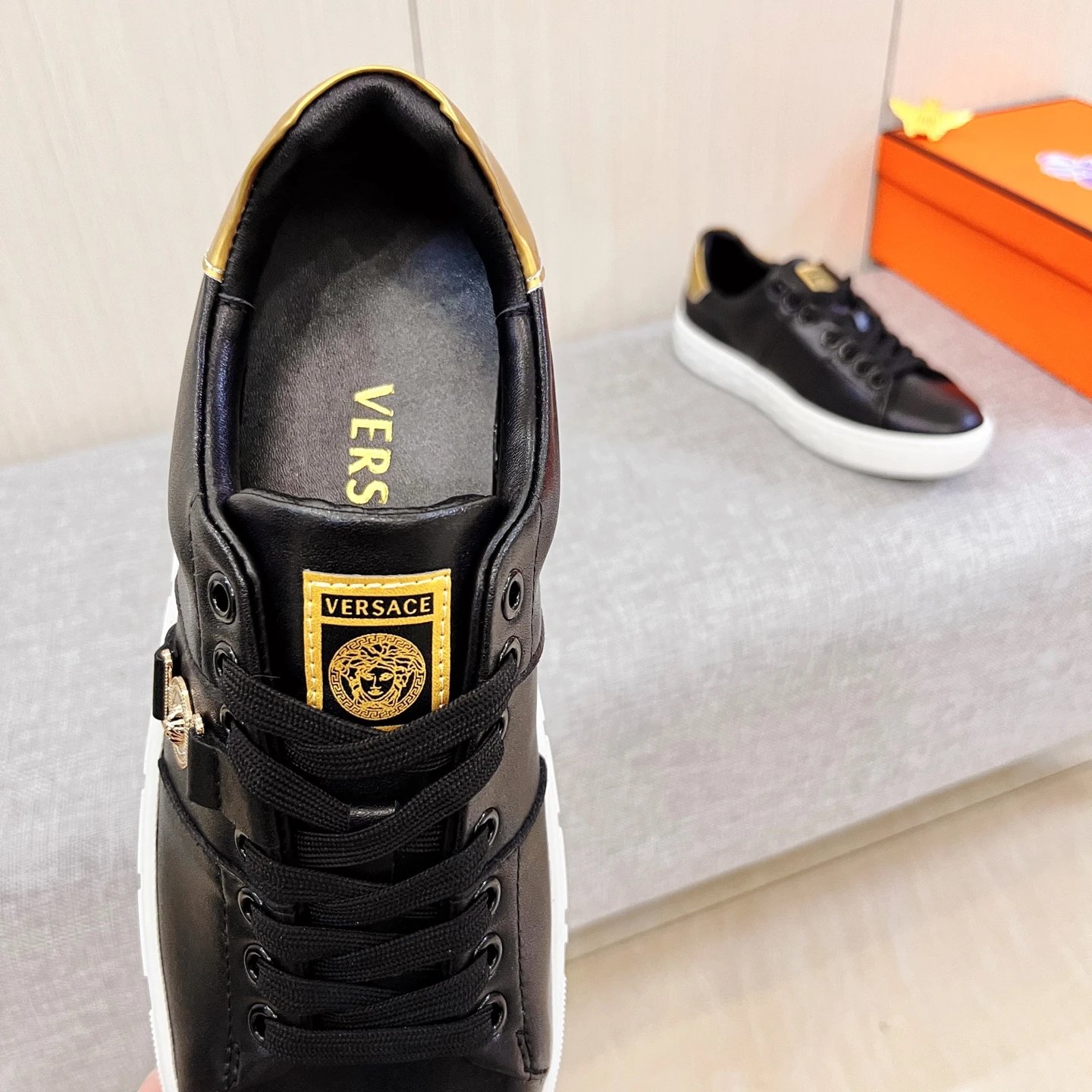 Luxury Leather Sneakers Gold Black - Gallery Image 7 - Detailed View