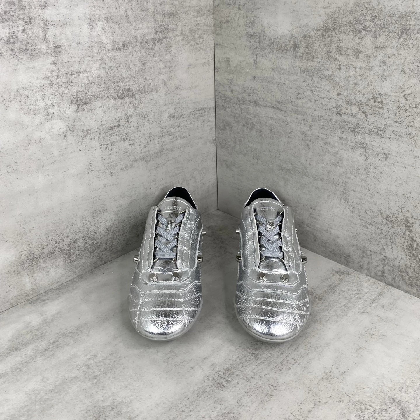 Punk Style Leather Lace-Up Shoes with Metal Studs Silver - Gallery Image 4 - Detailed View