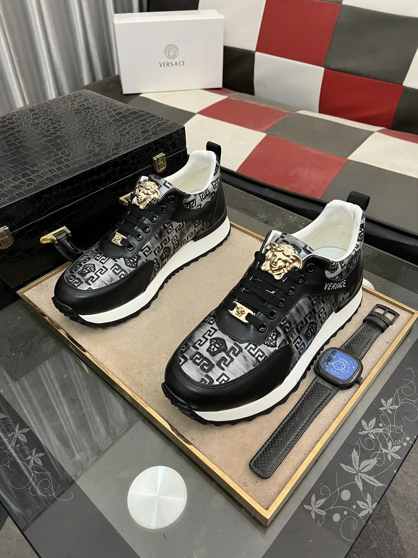 Luxury Leather Sneakers Greek Key Black - Gallery Image 2 - Detailed View