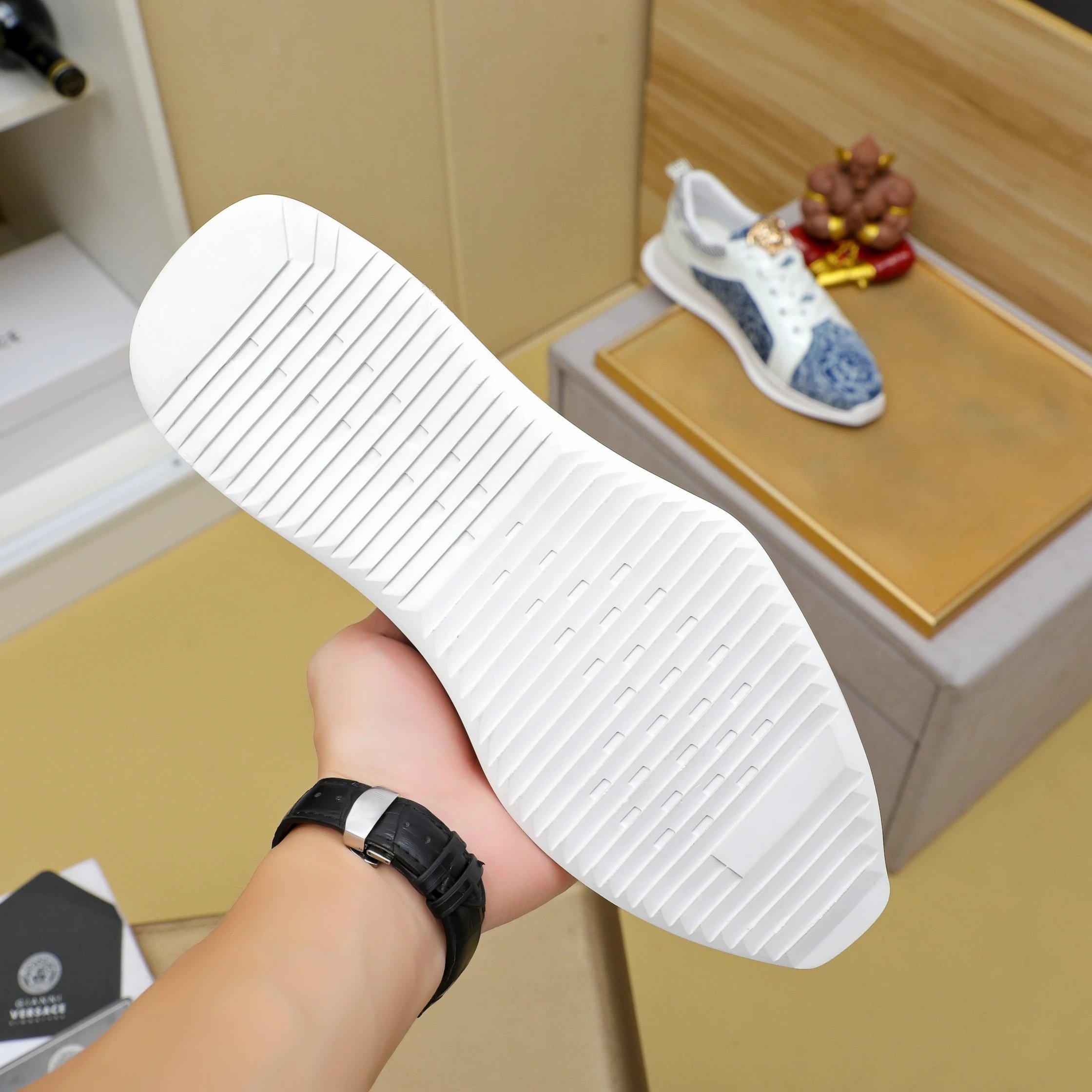 Luxury Jacquard Leather Sneakers Navy White - Gallery Image 9 - Detailed View