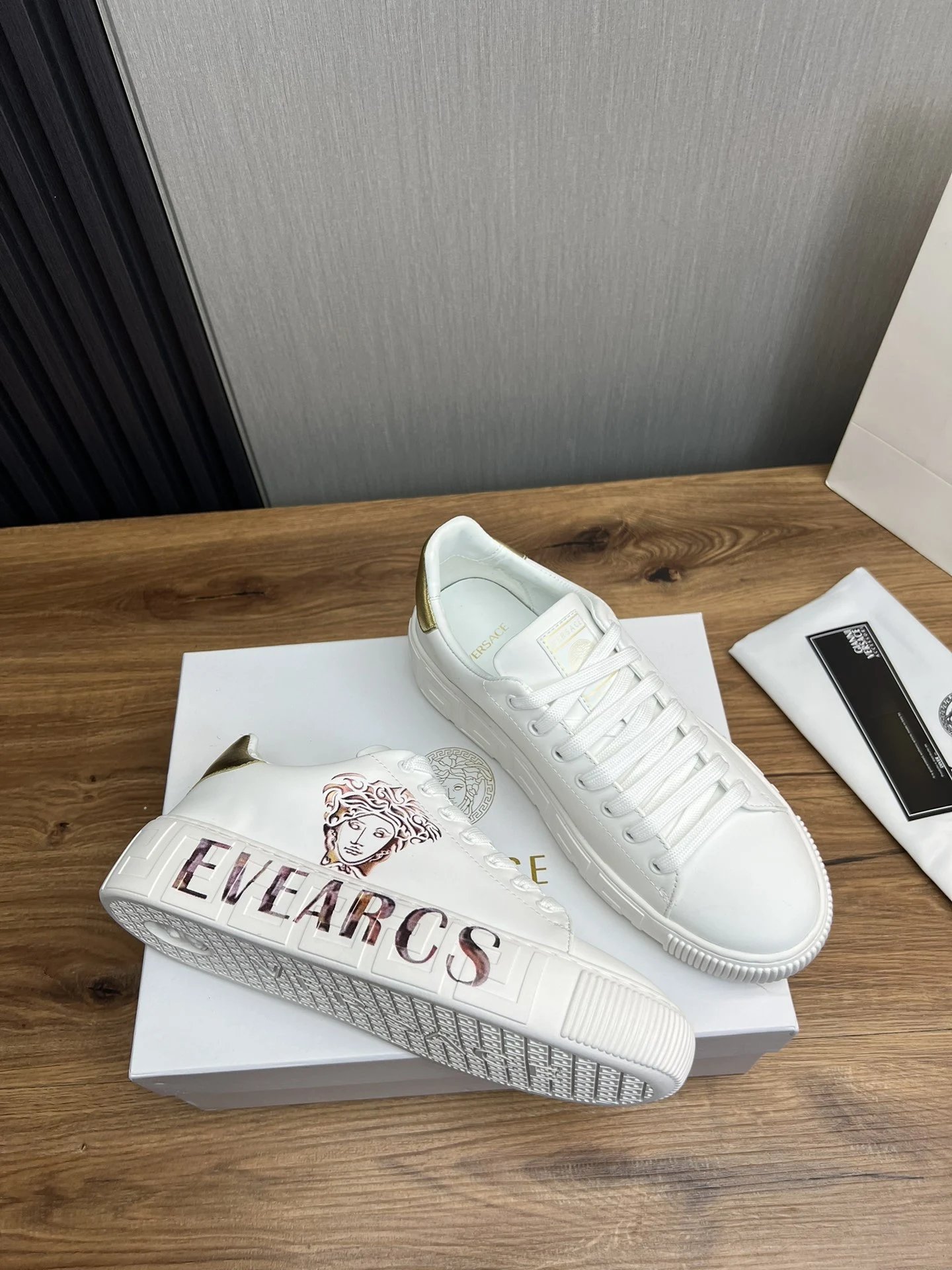Luxury Leather Couple Sneakers Ivory Gold - Gallery Image 6 - Detailed View