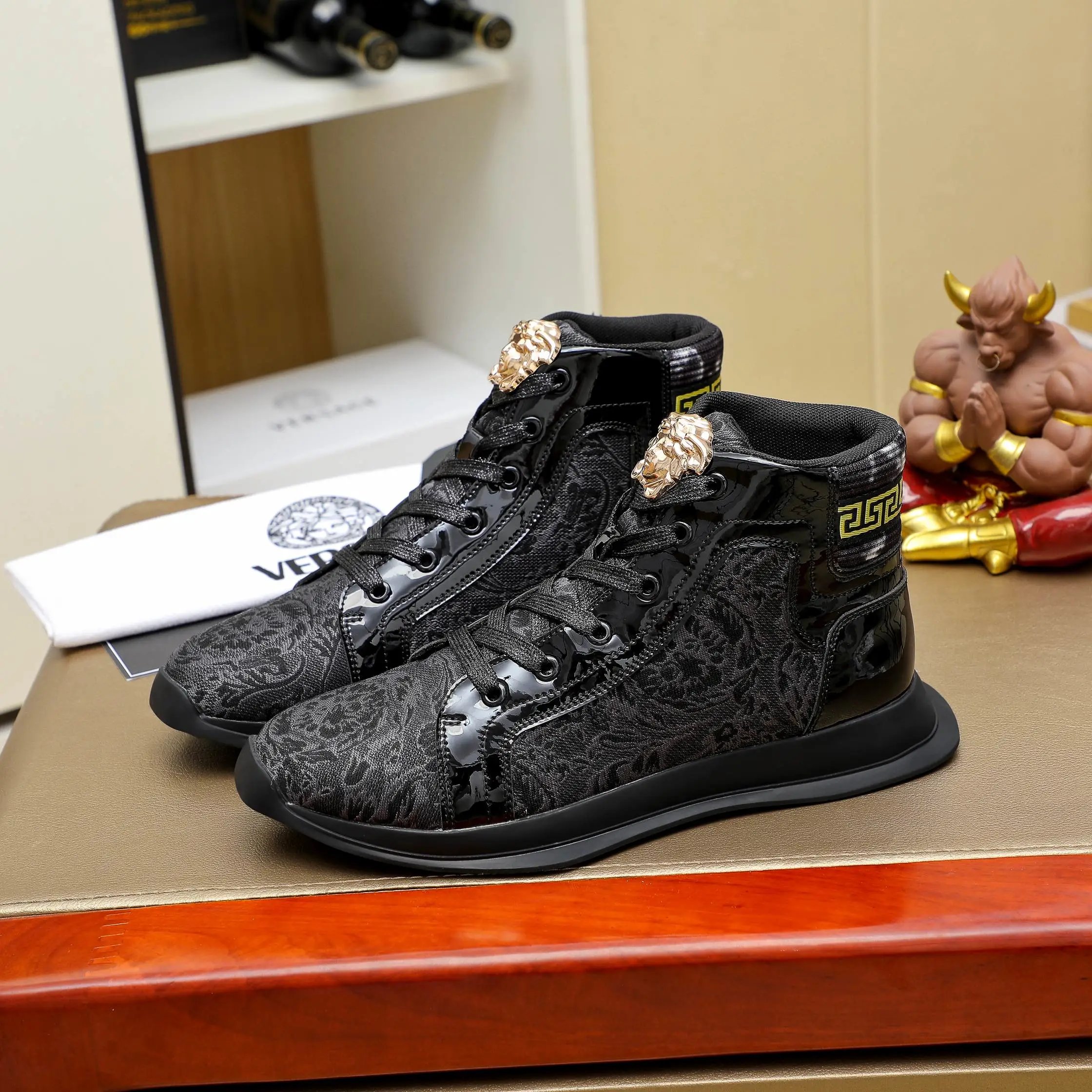 Luxury Lambskin High Top Sneakers Onyx Black - Versace - Cnfans - $54.84