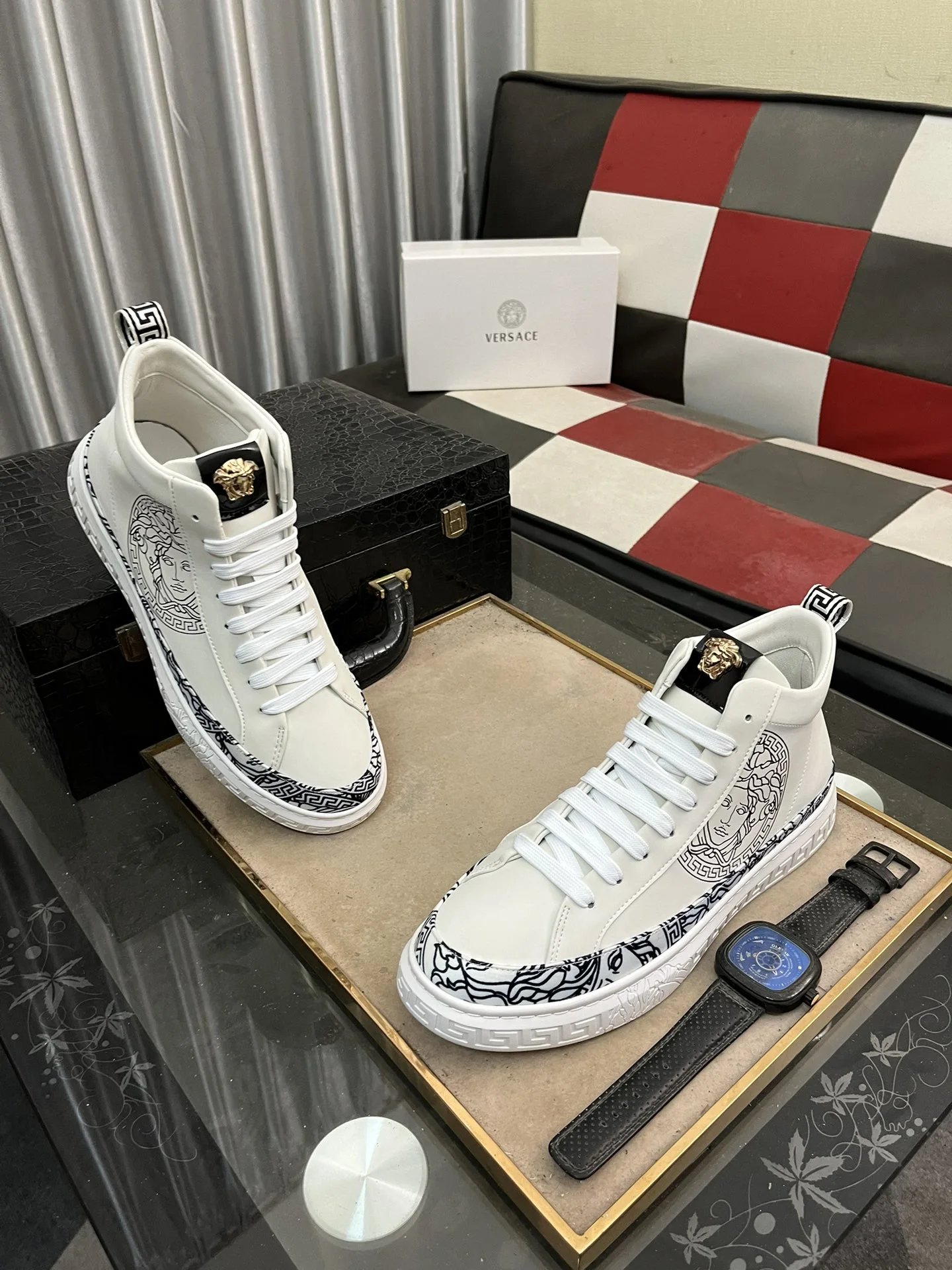 Men's High Top Leather Sneakers White - Gallery Image 3 - Detailed View