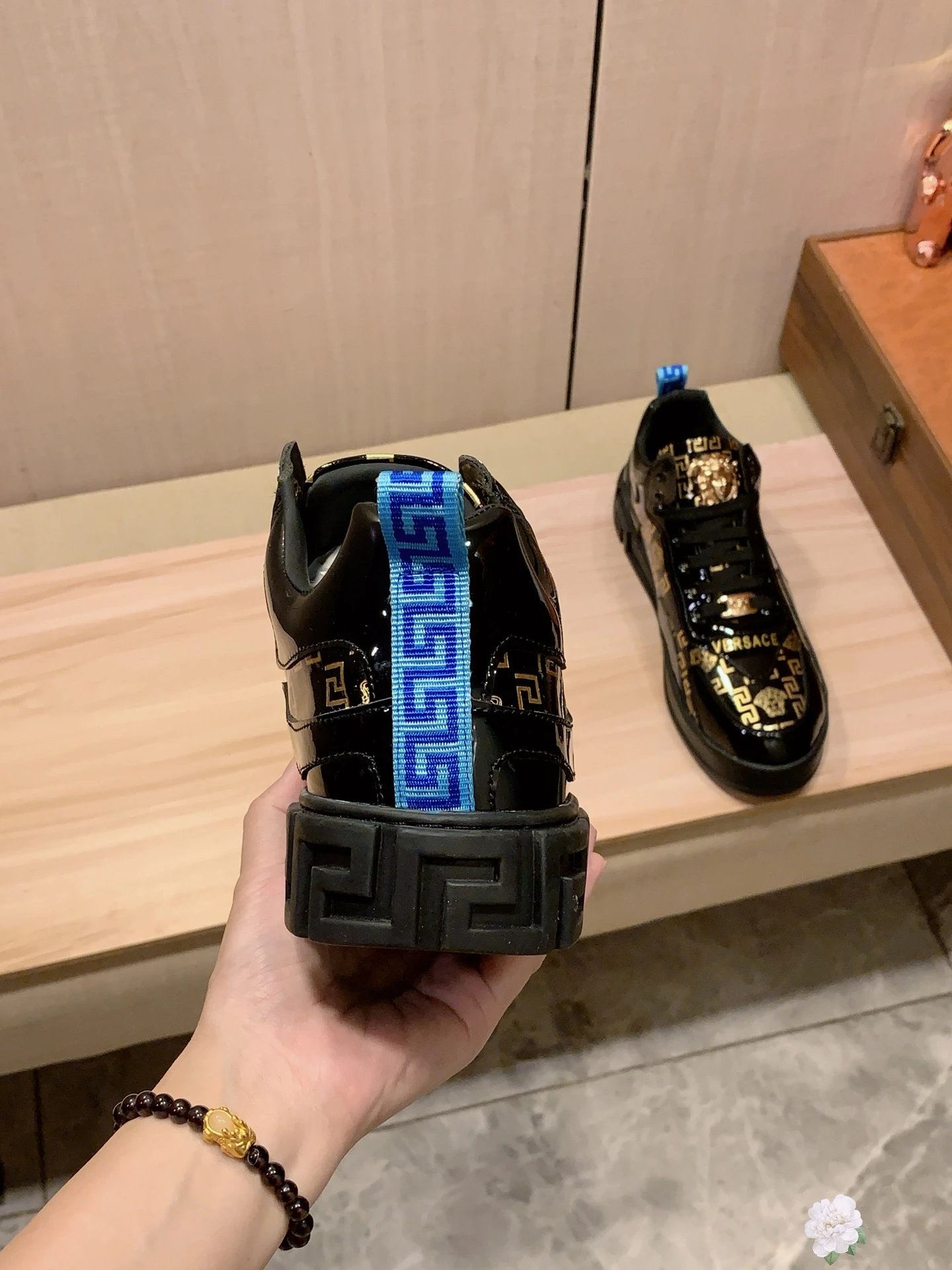 Luxury Leather Sneakers Greek Key Black Gold - Gallery Image 6 - Detailed View