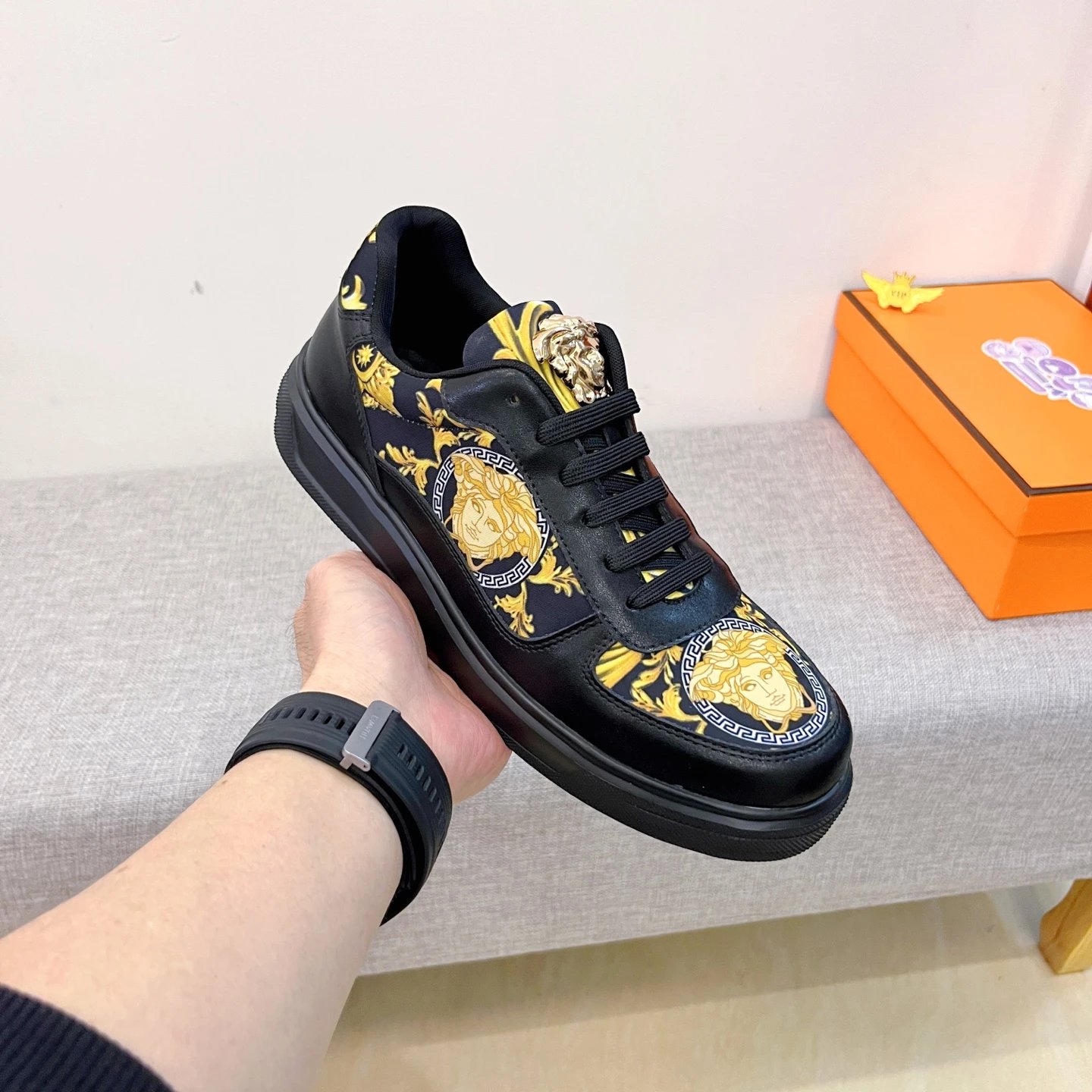 Baroque Leather Sneakers Black Gold with golden Baroque Medusa motifs - Gallery Image 6 - Detailed View