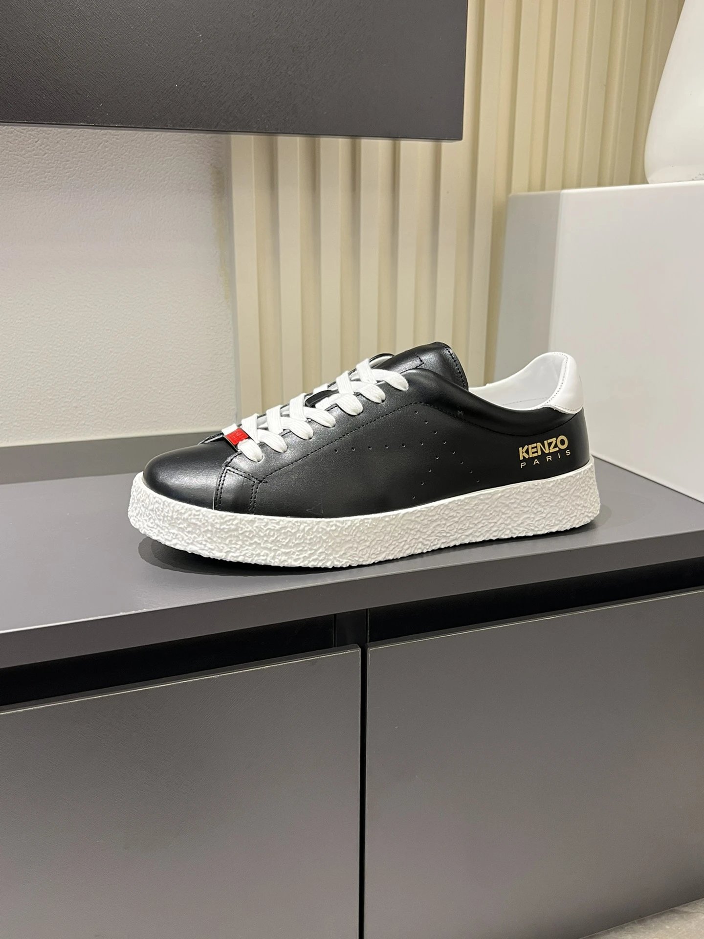 Kenzo Black Leather Sneakers White Accent - Gallery Image 2 - Detailed View