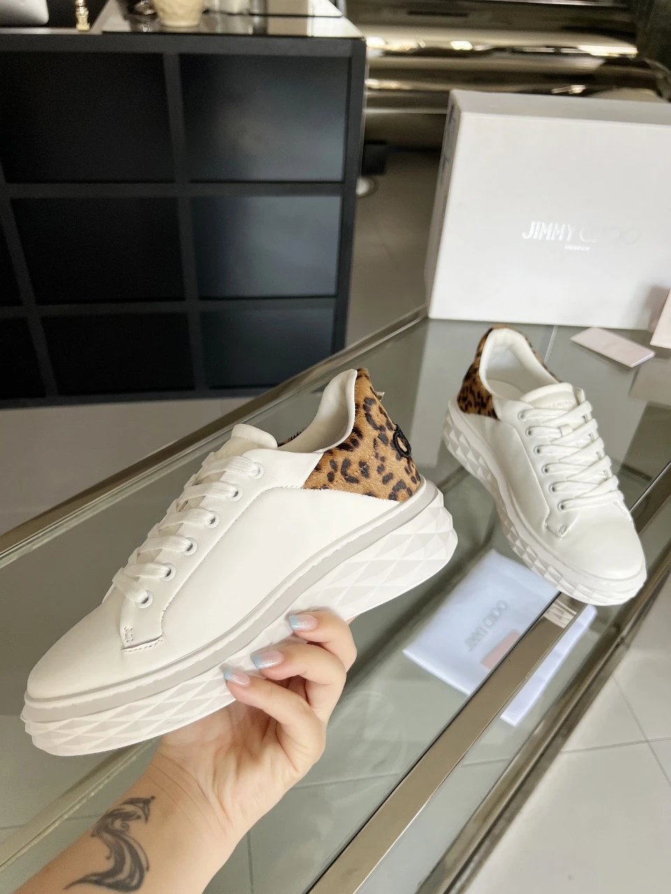 Jimmy Choo Leopard Print Diamond Sneakers - Gallery Image 5 - Detailed View