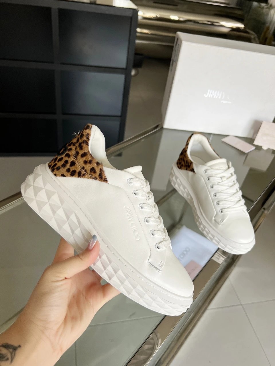 Jimmy Choo Leopard Print Diamond Sneakers - Gallery Image 4 - Detailed View