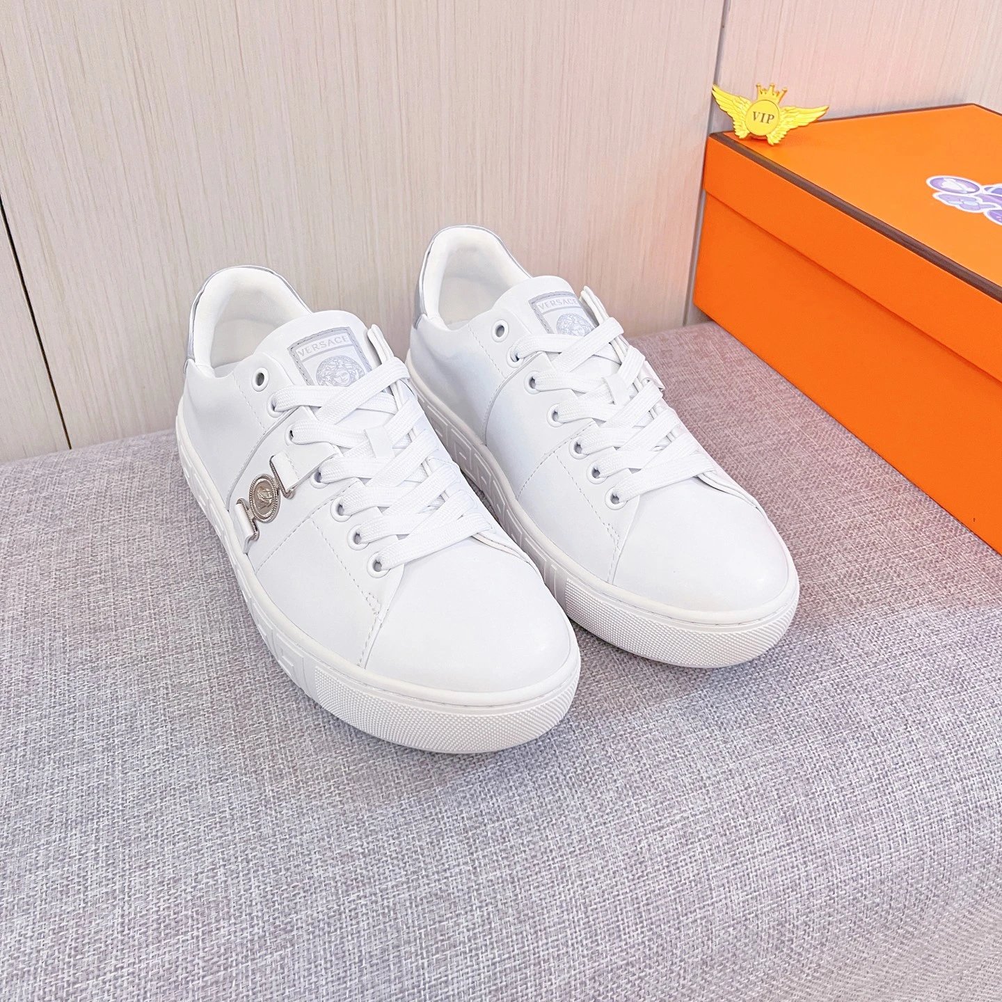Luxury Leather Low Top Sneakers in Pearl White - Gallery Image 2 - Detailed View