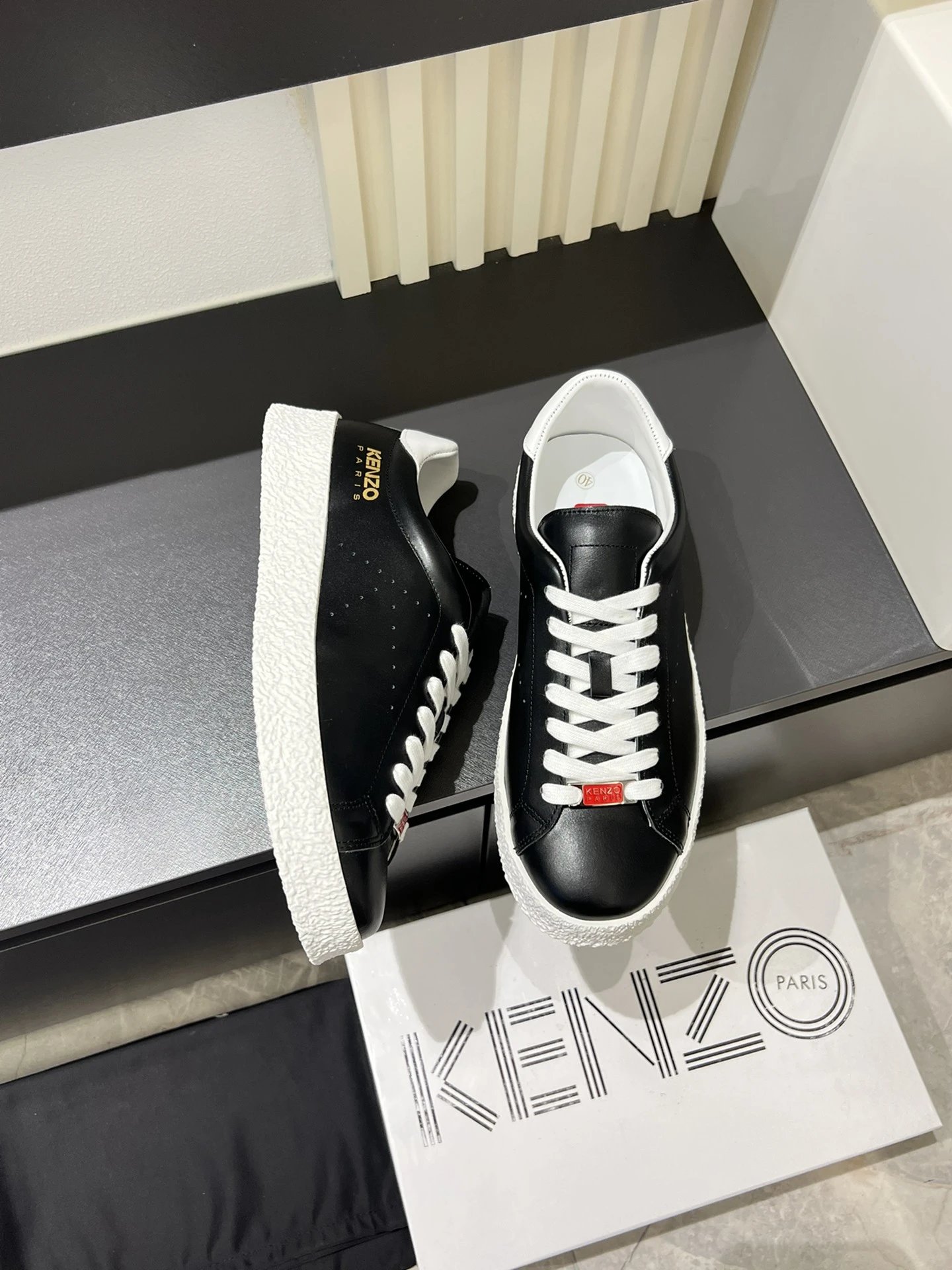Kenzo Black Leather Sneakers White Accent - Gallery Image 5 - Detailed View