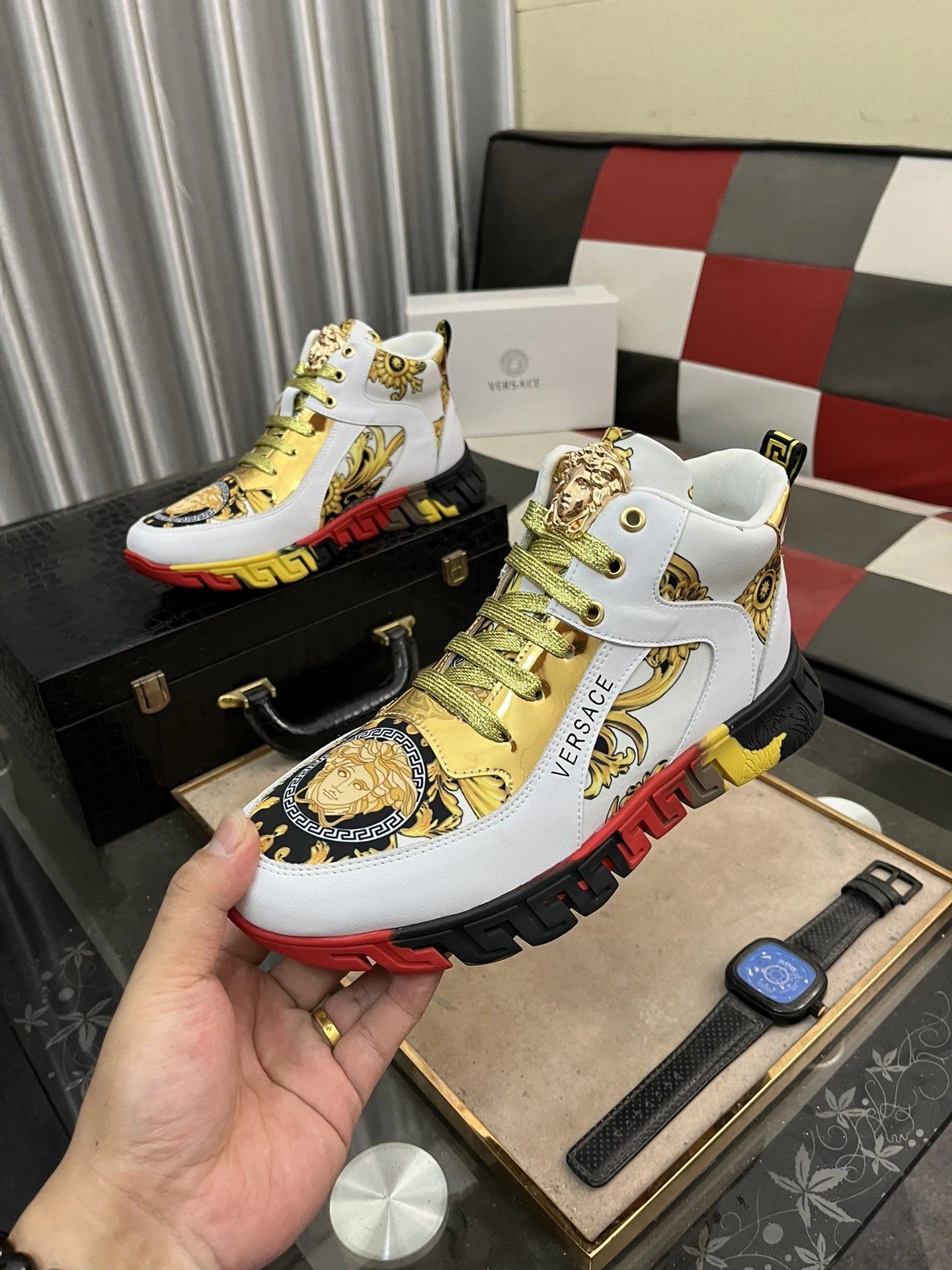 Luxury Leather High Top Sneakers Baroque Gold - Gallery Image 5 - Detailed View