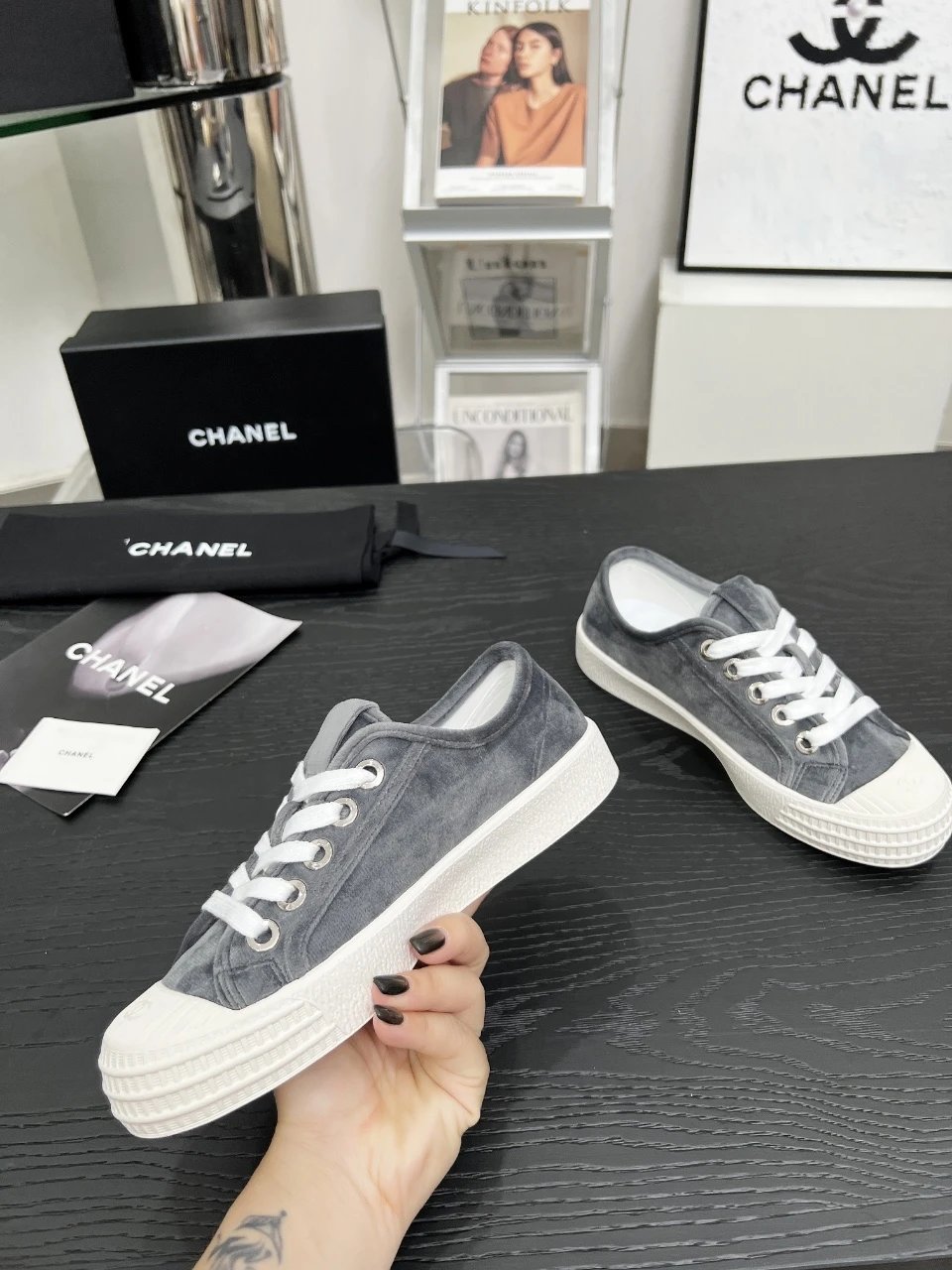 Chanel Vintage Velvet Sneakers Grey - Gallery Image 5 - Detailed View