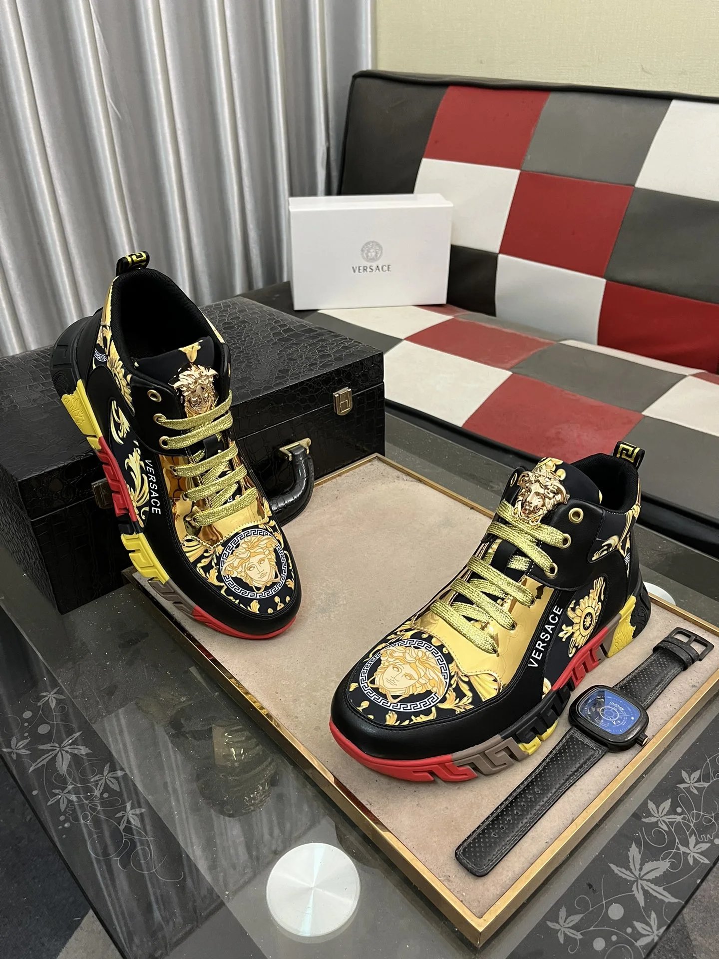 Luxury Leather Medusa Sneakers High Top Black Gold - Gallery Image 3 - Detailed View