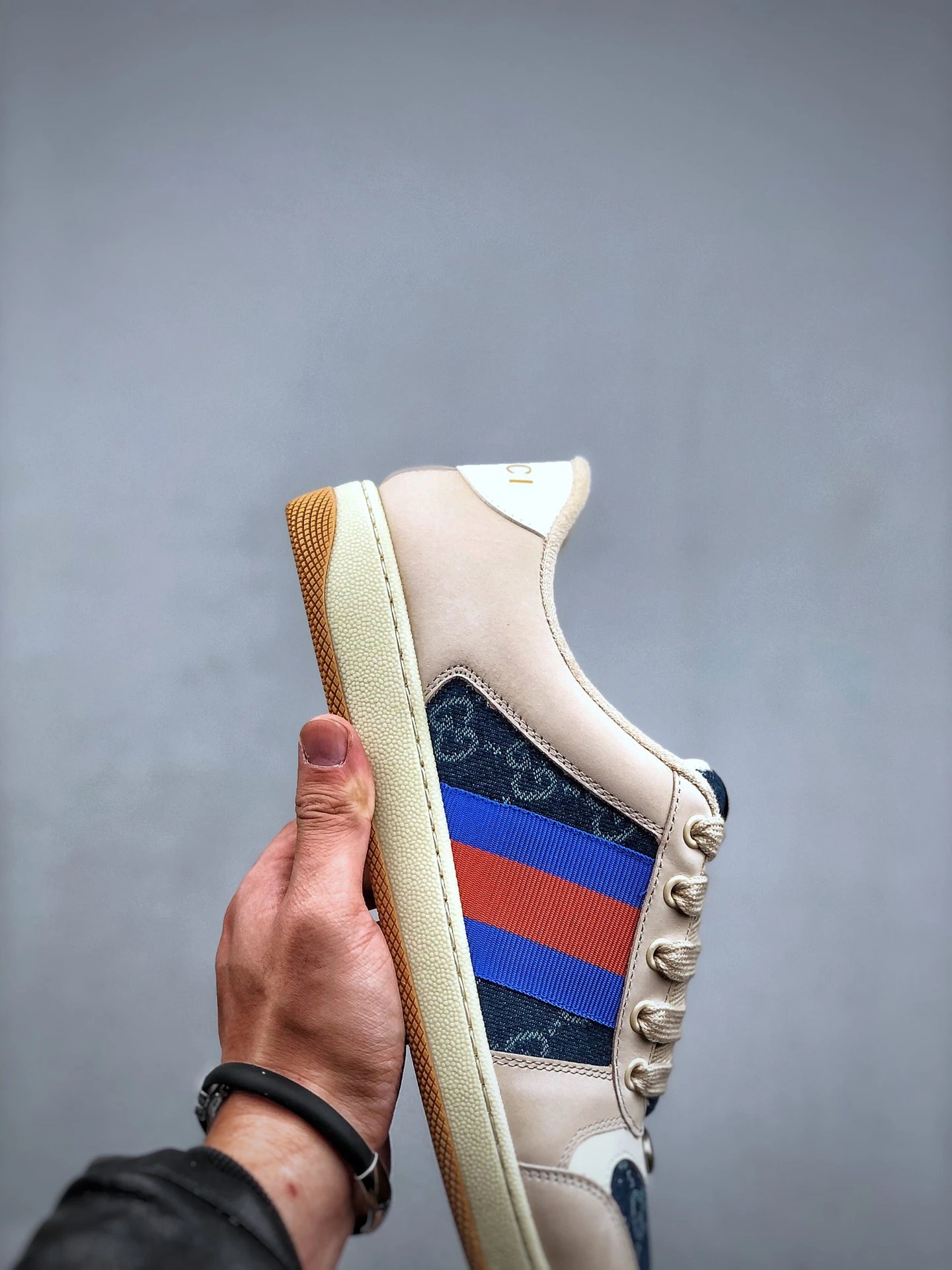 Gucci Distressed Screener Beige Sneaker Blue Red - Gallery Image 6 - Detailed View