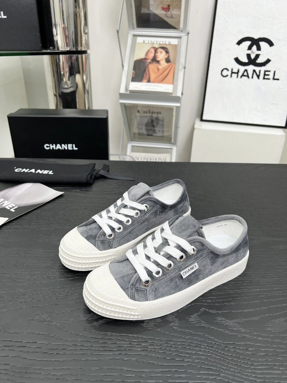 Chanel Vintage Velvet Sneakers Grey - Gallery Image 2 - Detailed View