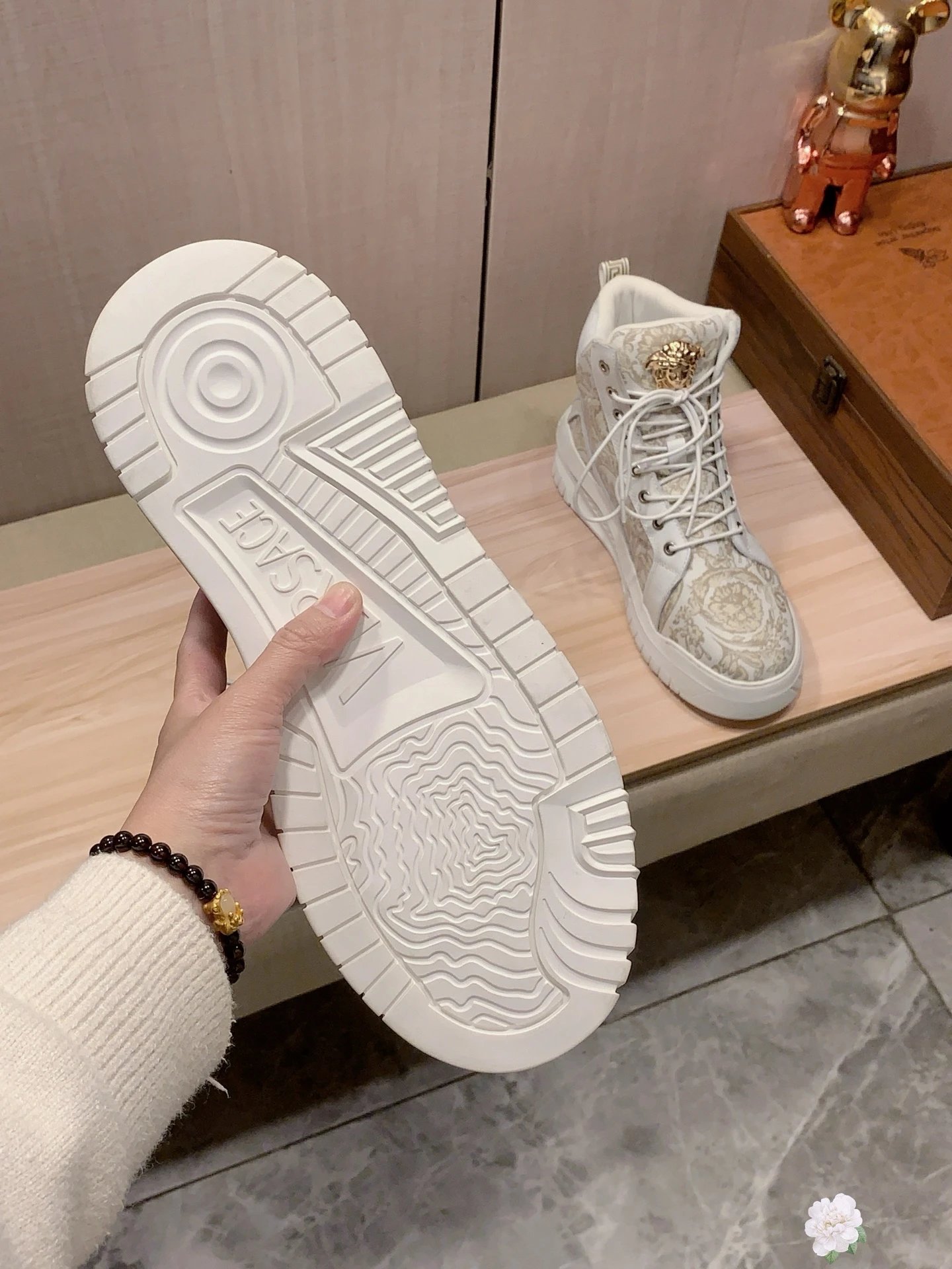 High Top Leather Jacquard Sneakers Ivory - Gallery Image 8 - Detailed View