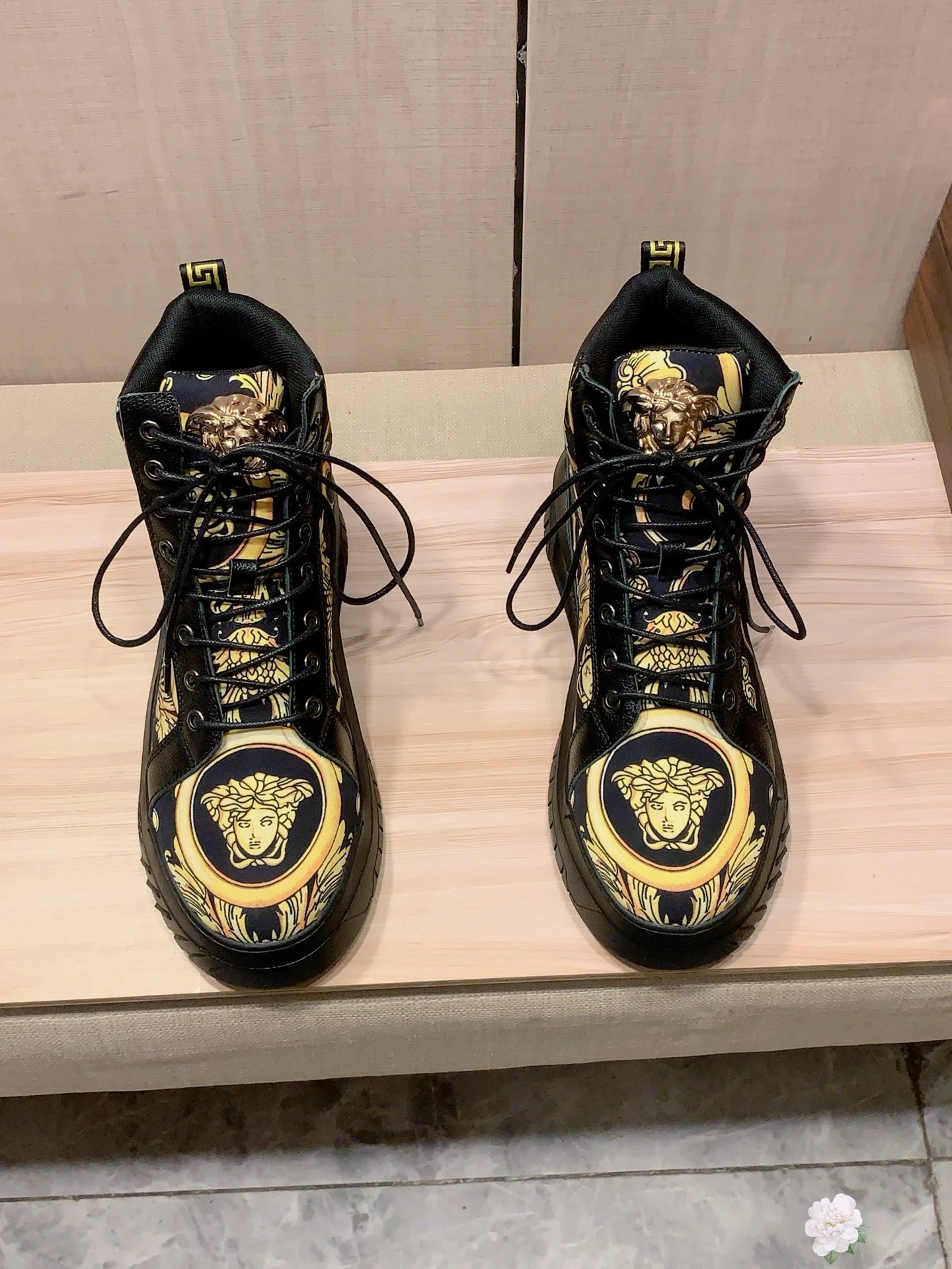 High Top Leather Sneakers Baroque Pattern Black Gold - Gallery Image 4 - Detailed View