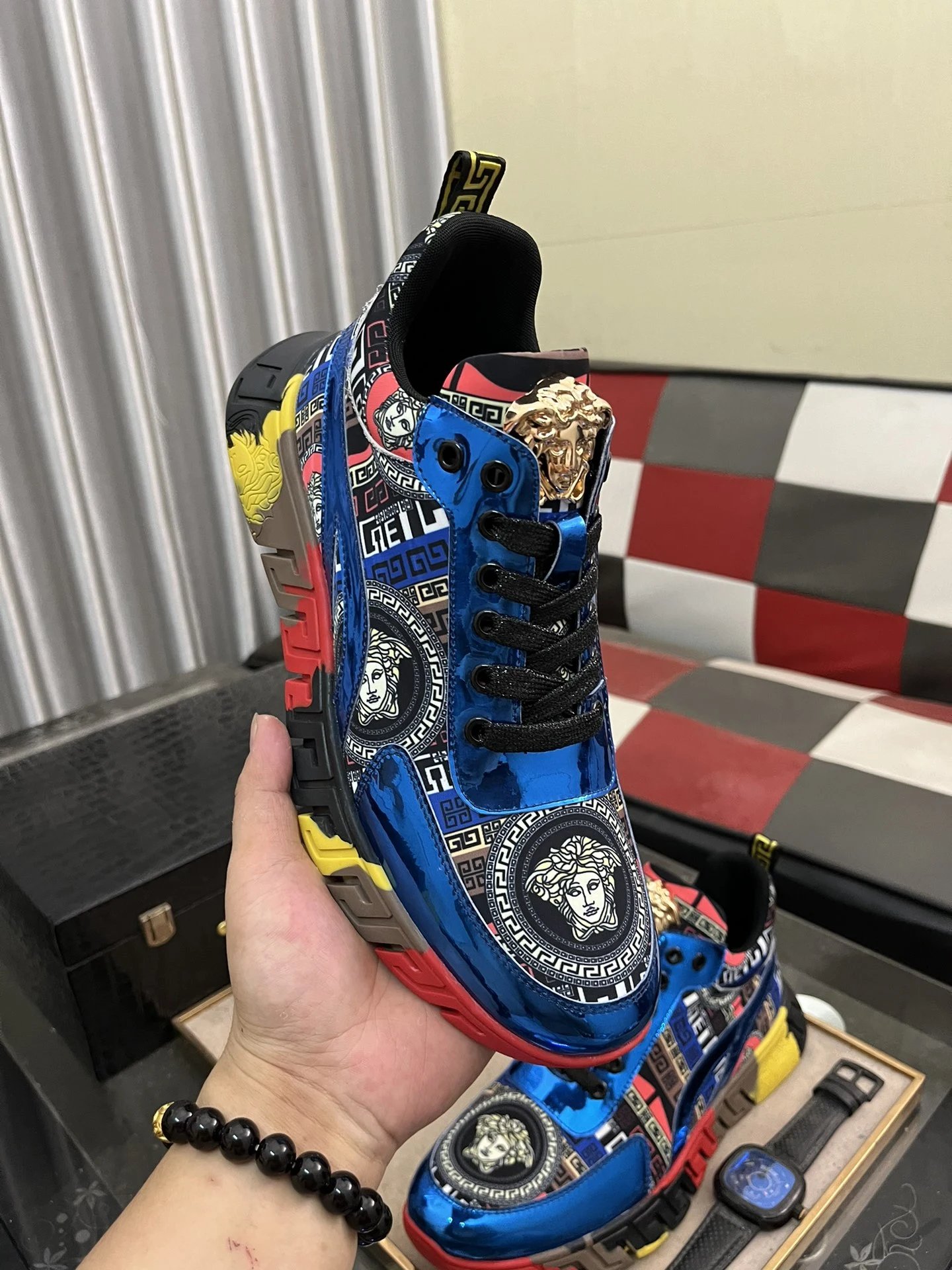 Luxury Leather Sneakers Multi-Color Blue - Gallery Image 4 - Detailed View