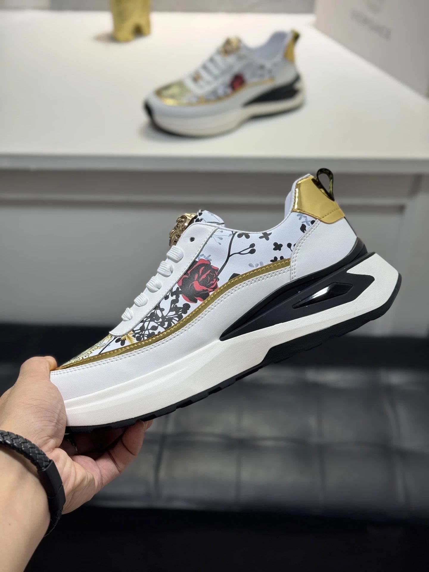 Luxury Leather Medusa Sneakers with Floral Accents White Gold - Gallery Image 6 - Detailed View