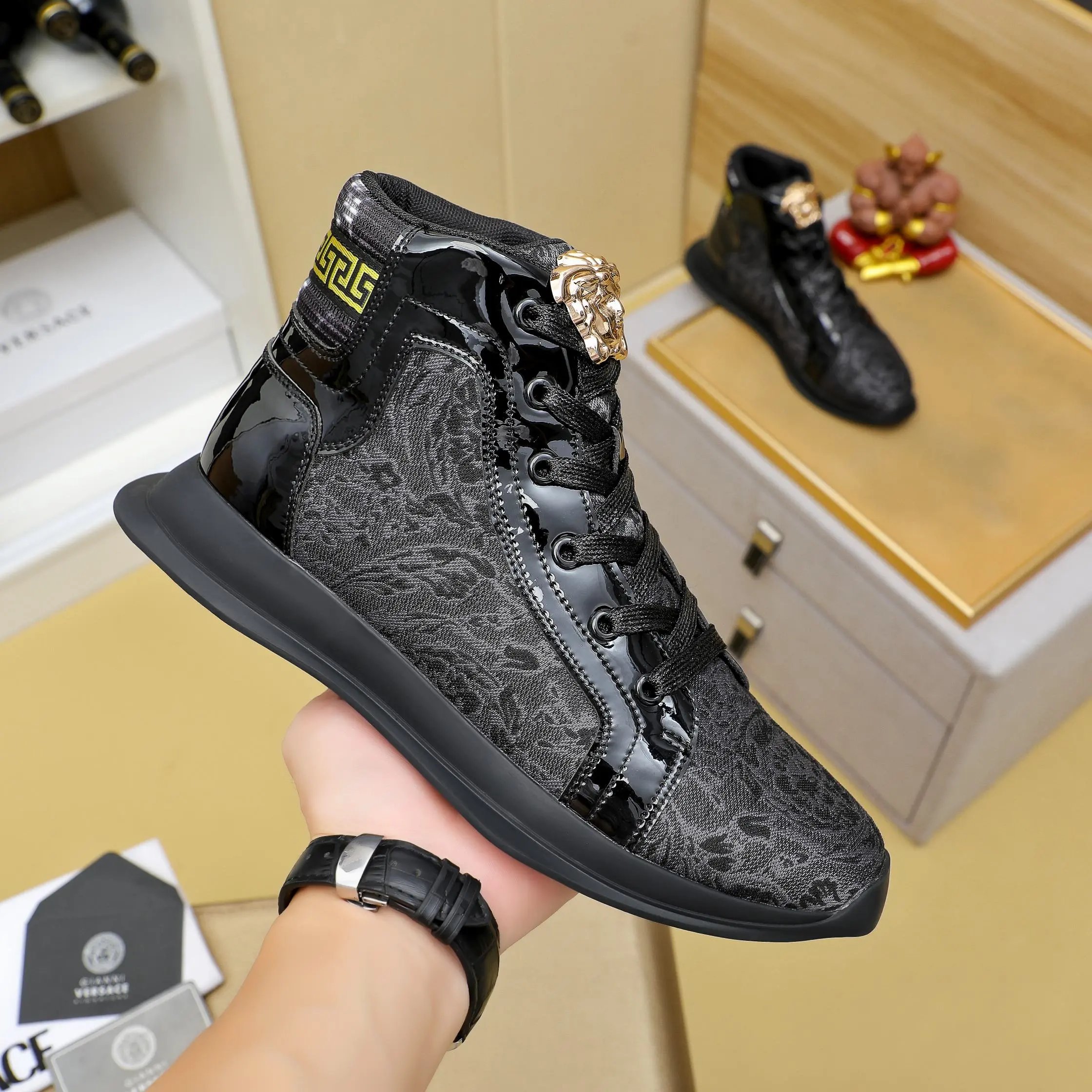 Luxury Lambskin High Top Sneakers Onyx Black - Gallery Image 3 - Detailed View
