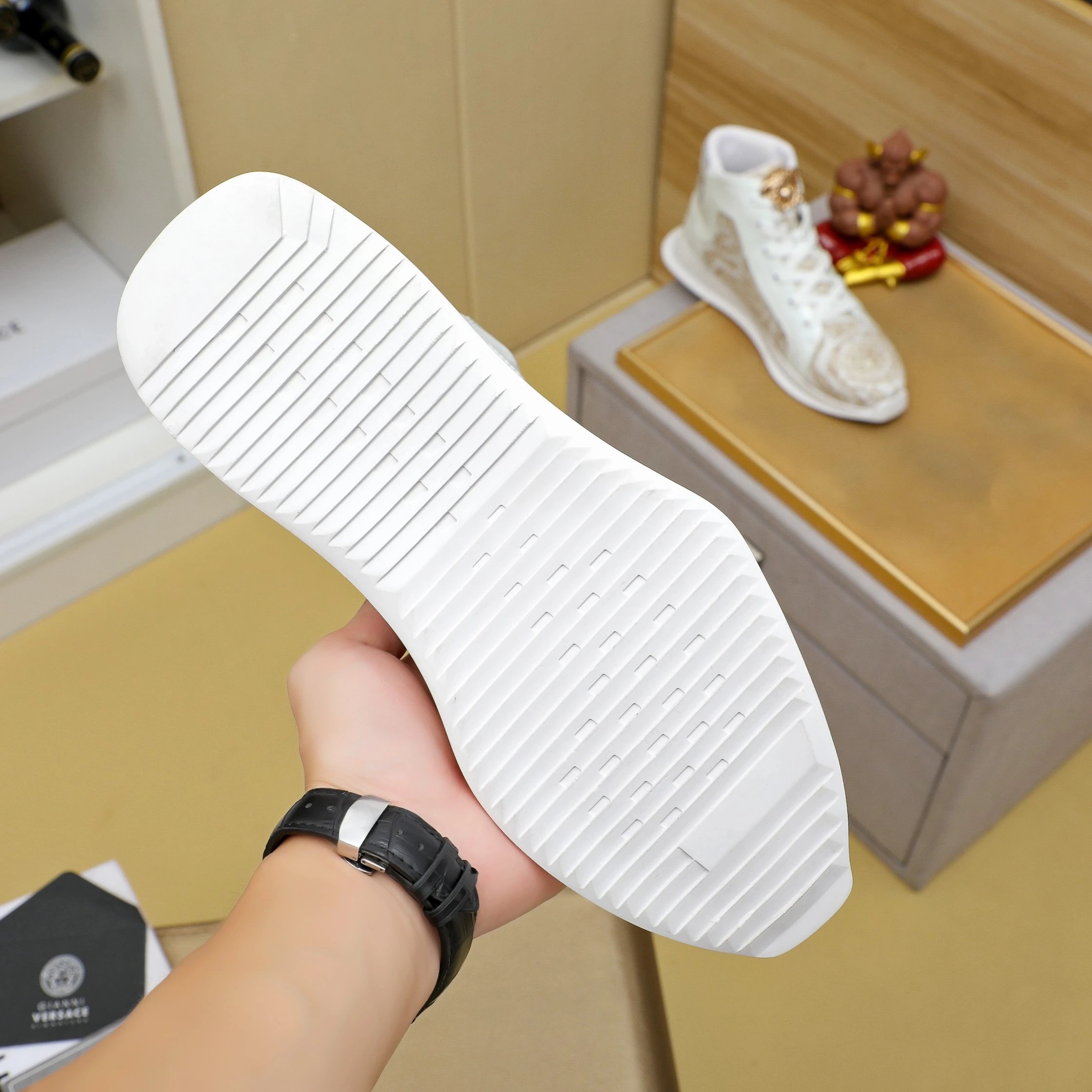 Baroque Leather High Top Sneakers Ivory - Gallery Image 9 - Detailed View