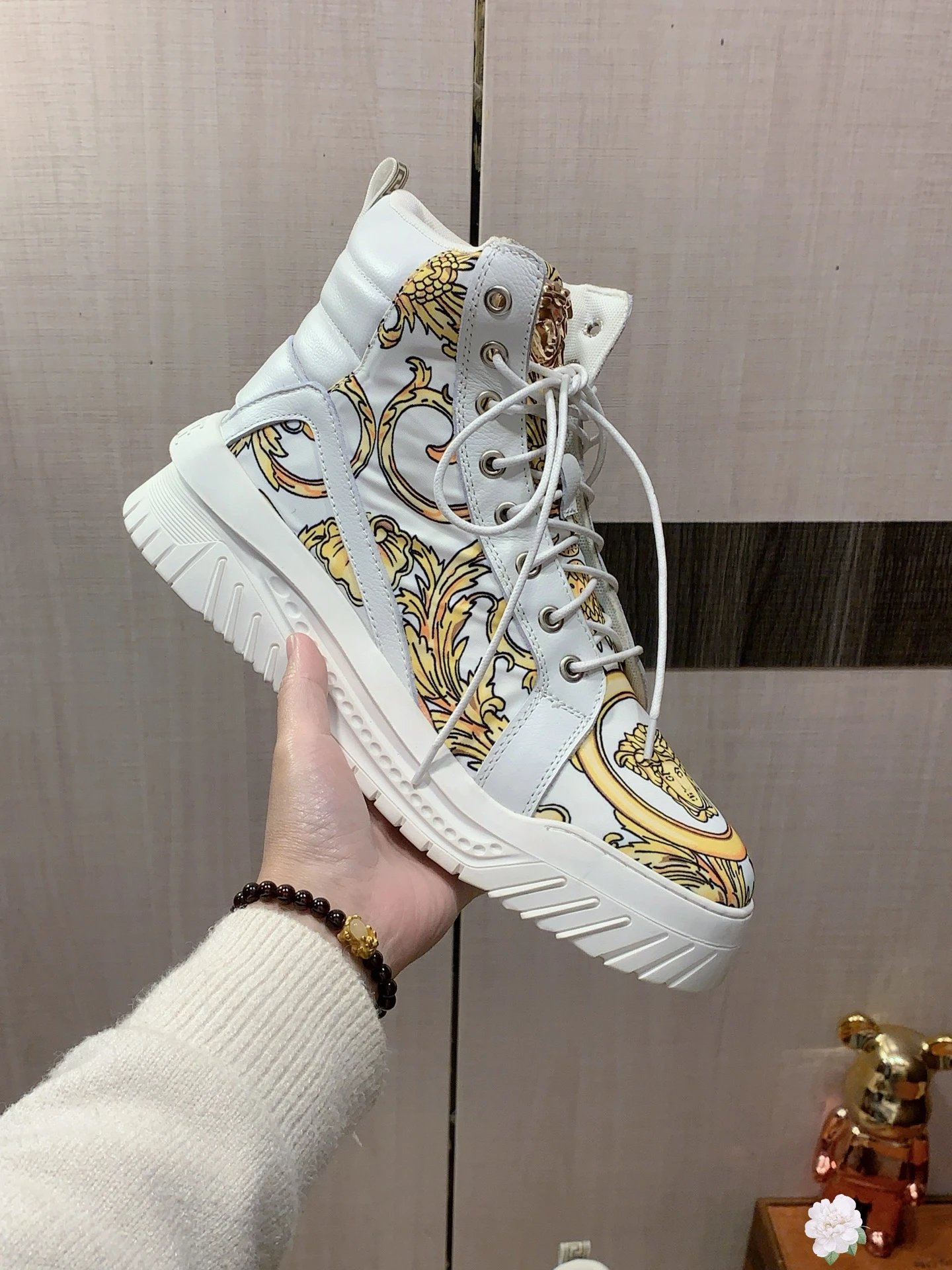 Baroque Leather High Top Sneakers White Gold - Versace - Cnfans - $65.16