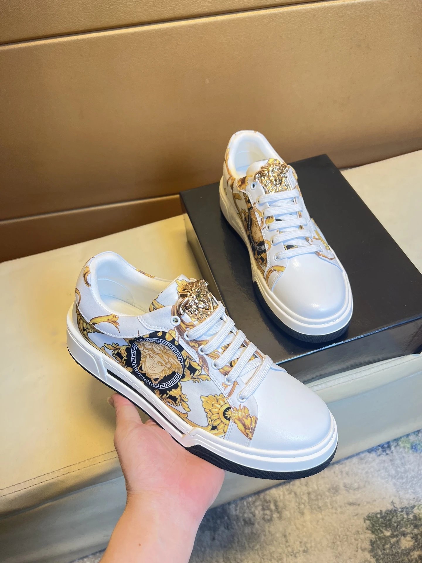 Luxury Baroque Leather Sneakers White Gold - Gallery Image 2 - Detailed View
